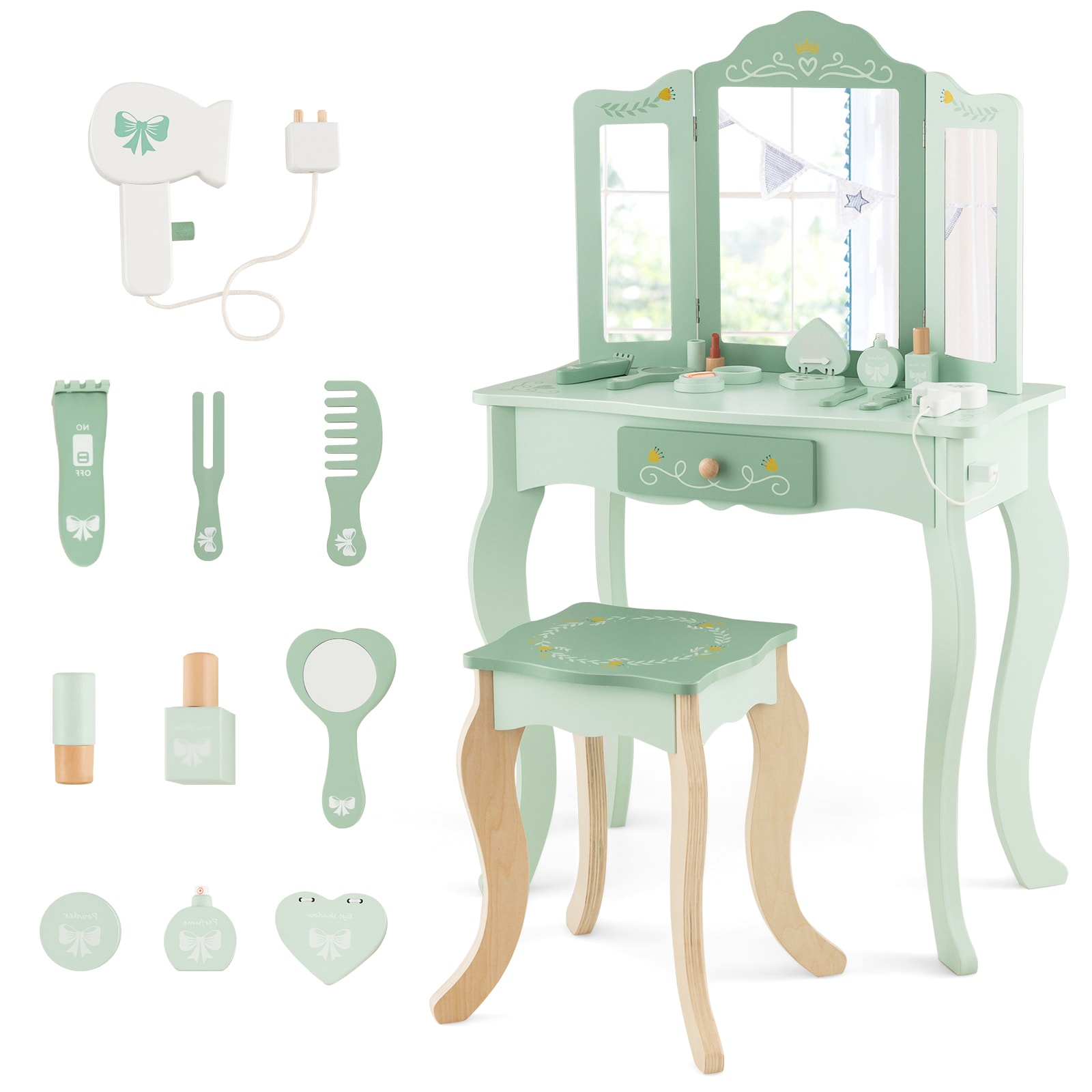 Slickblue D-CO-NG34001MT 23.5 in MDF White/Green Makeup Vanity with Pretend Play Accessories Safe Rounded Corners for Play Area Girls Room