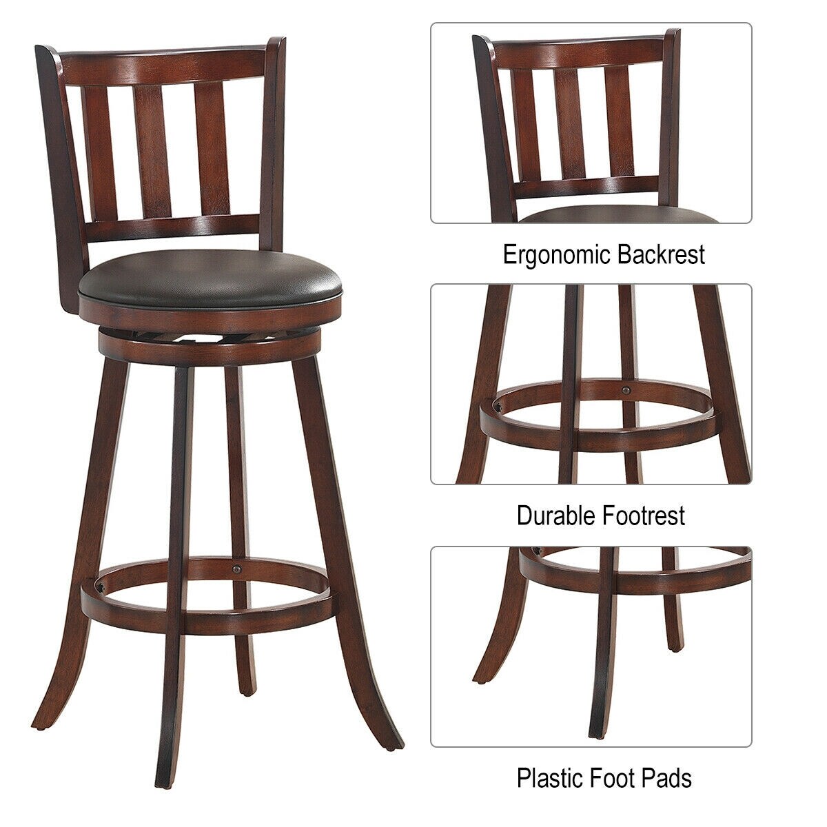 CASAINC Set of 2 Black and Nut-brown 29.5-in H Bar height Upholstered  Swivel Wood Bar Stool Back in the Bar Stools department at