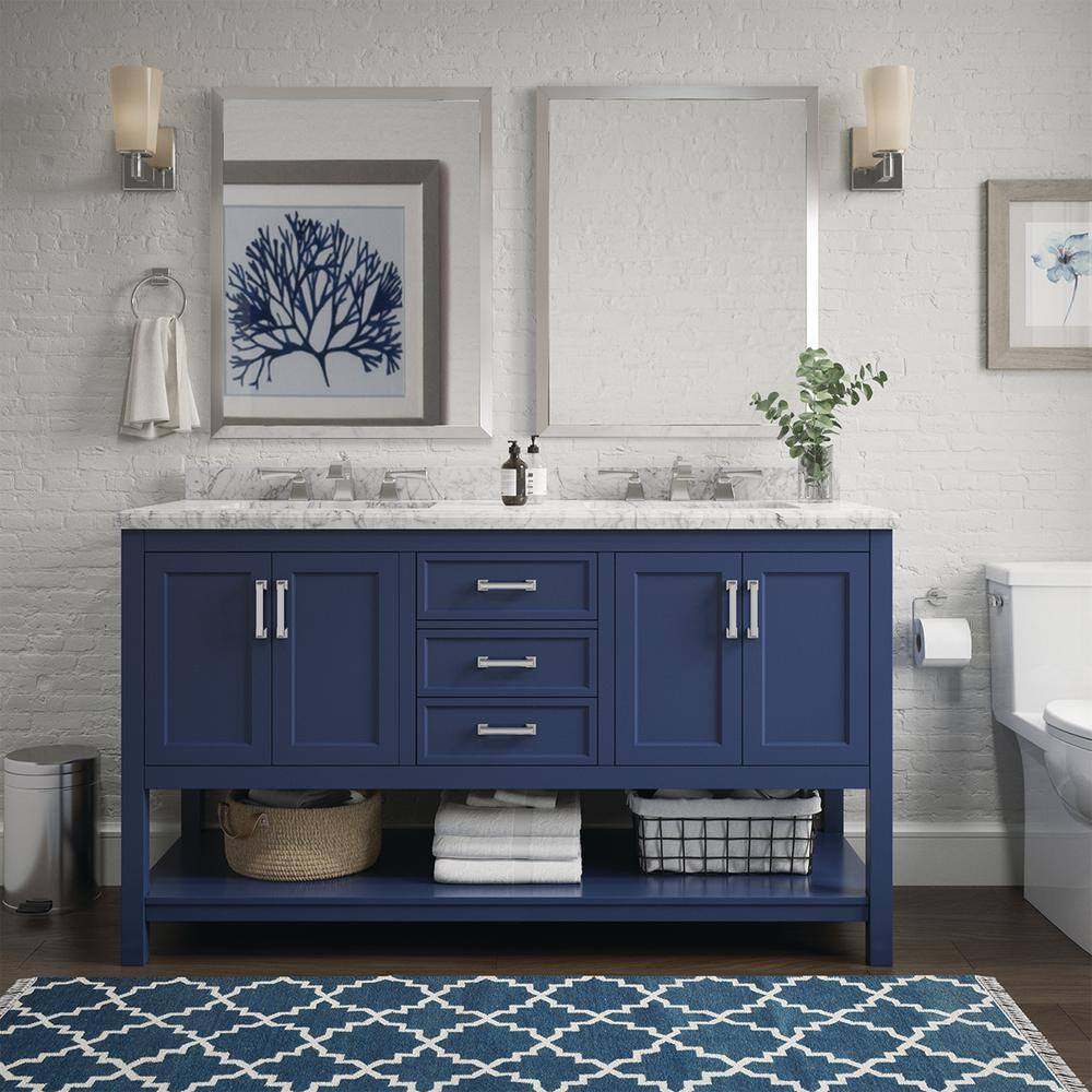 Design Element AF-61-BLU Affinity 61-in Blue Undermount Double Sink Bathroom Vanity with White W/ Gray Veins Marble Top