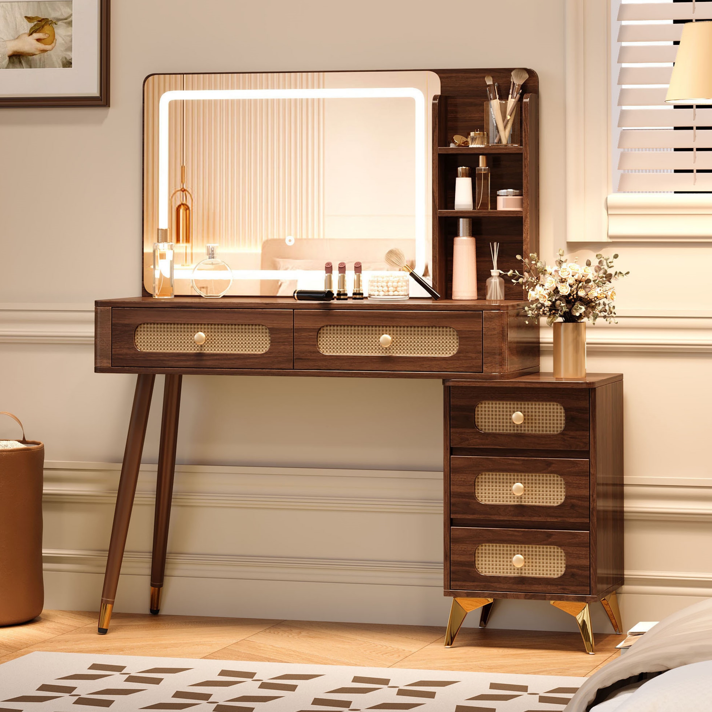 Tatayosi DJ2-P337468D Dark Walnut Vintage Vanity with Rattan Drawers and Adjustable LED Mirror Five Drawer Makeup Desk with Storage Shelves