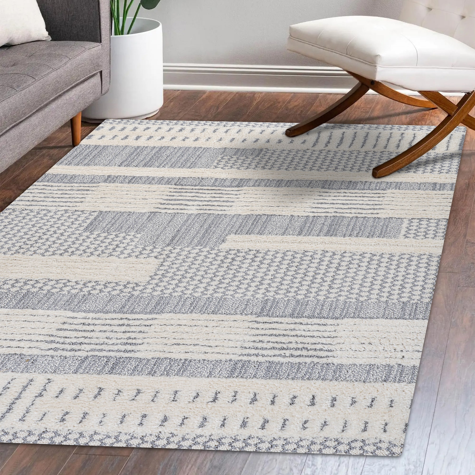 Gray and Cream Abstract Geometric 4' x 6' Shag Area Rug