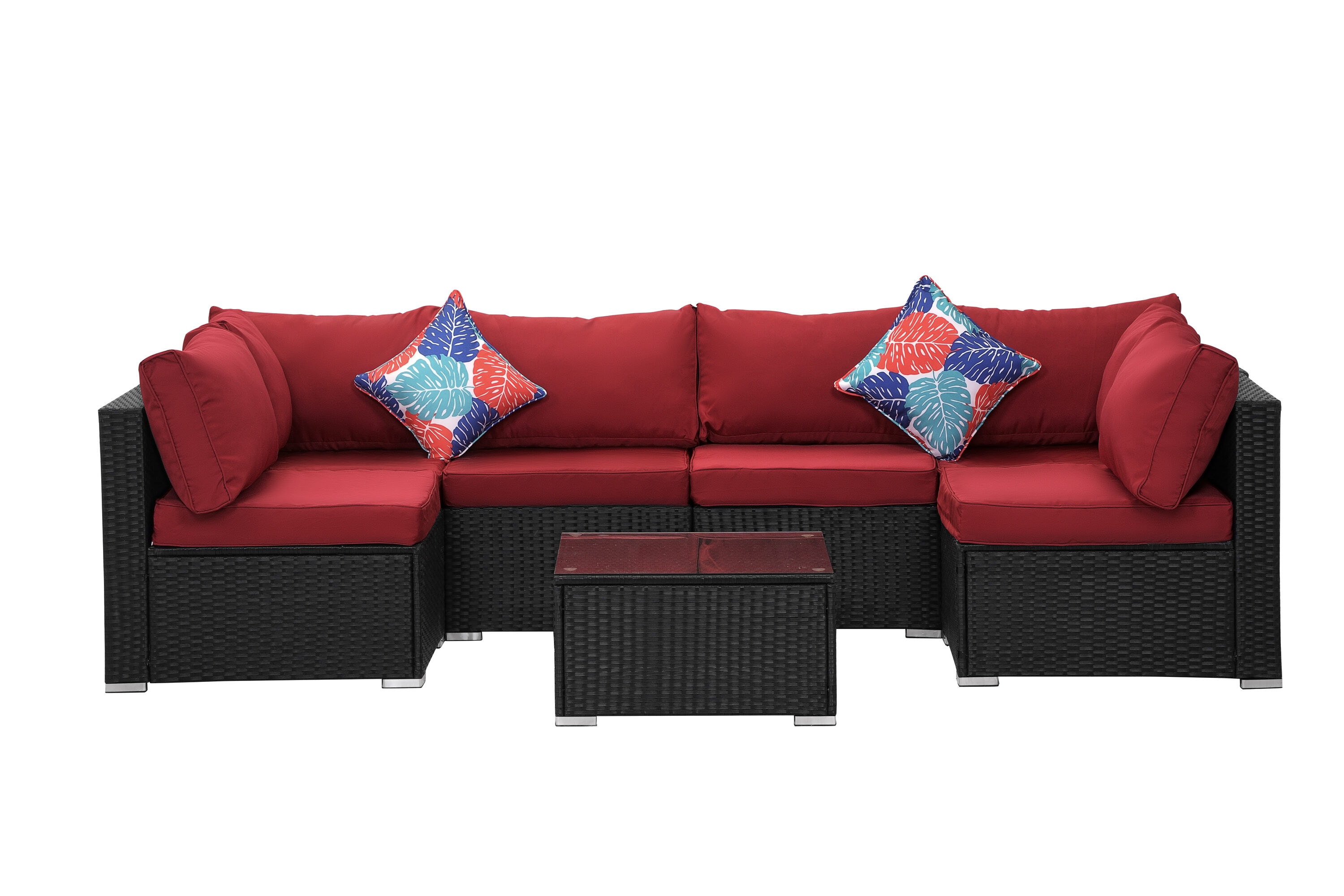 Clihome AG-W213S00010 7 -Piece Rattan Patio Conversation Set with Red Cushions