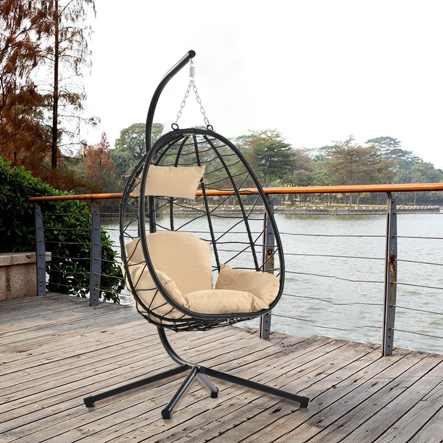 Maincraft D01-SC14 Wicker Black Iron Frame Hanging Egg Chair with Tan Cushioned Seat