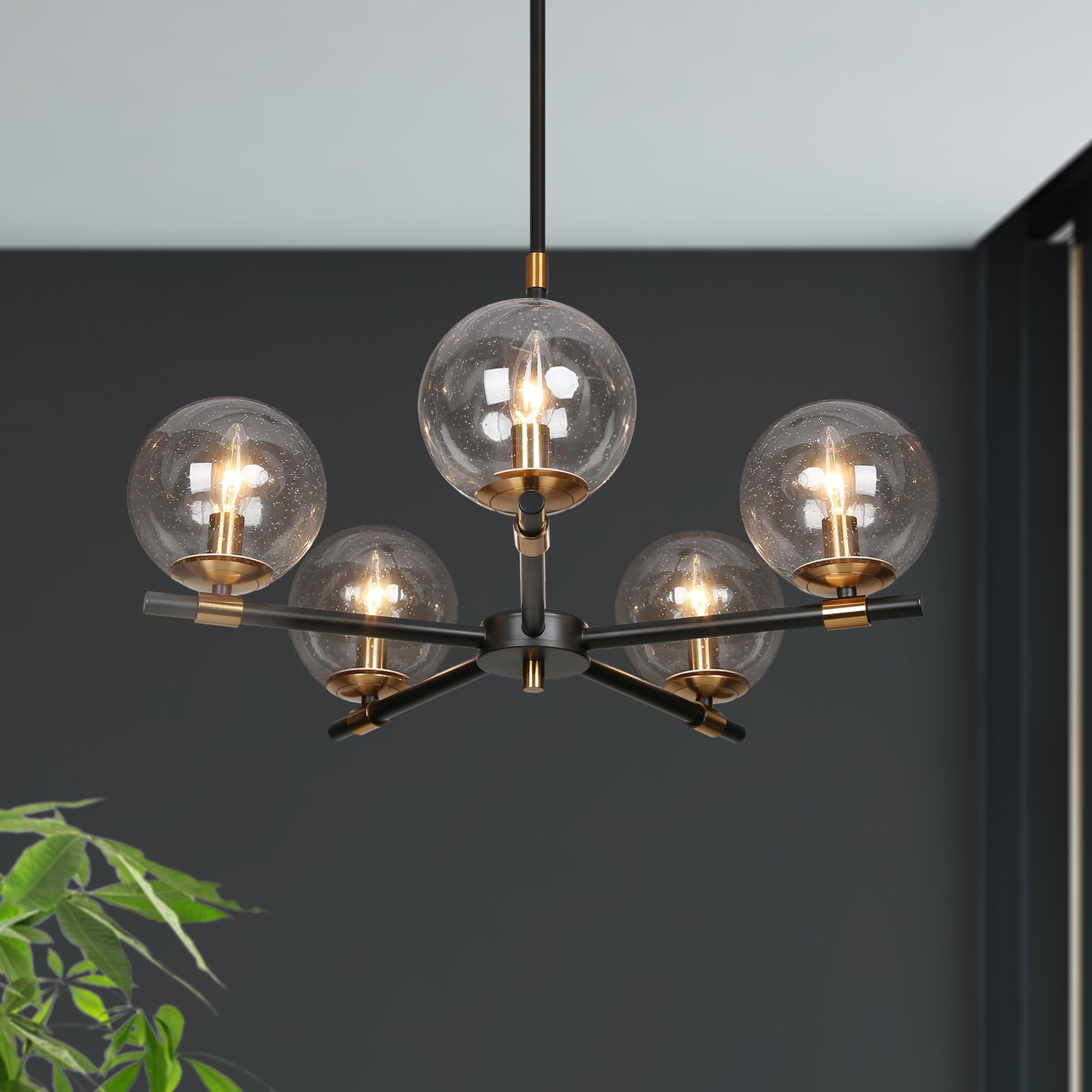 Zevni Sygor Transitional 5 Light Matte Black Polished Gold Seeded Globe