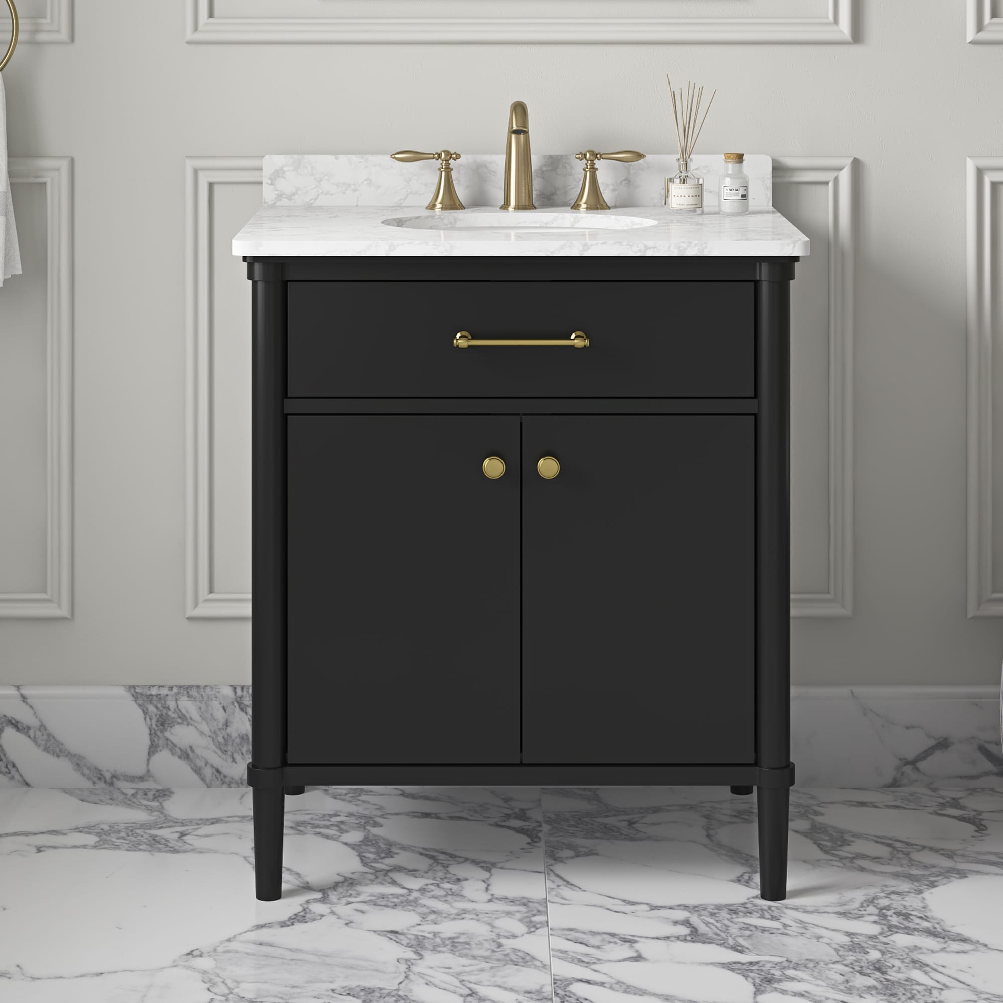 allen + roth RIAN 30B Rian 30-in Black Undermount Single sink Bathroom Vanity with White Engineered marble Top