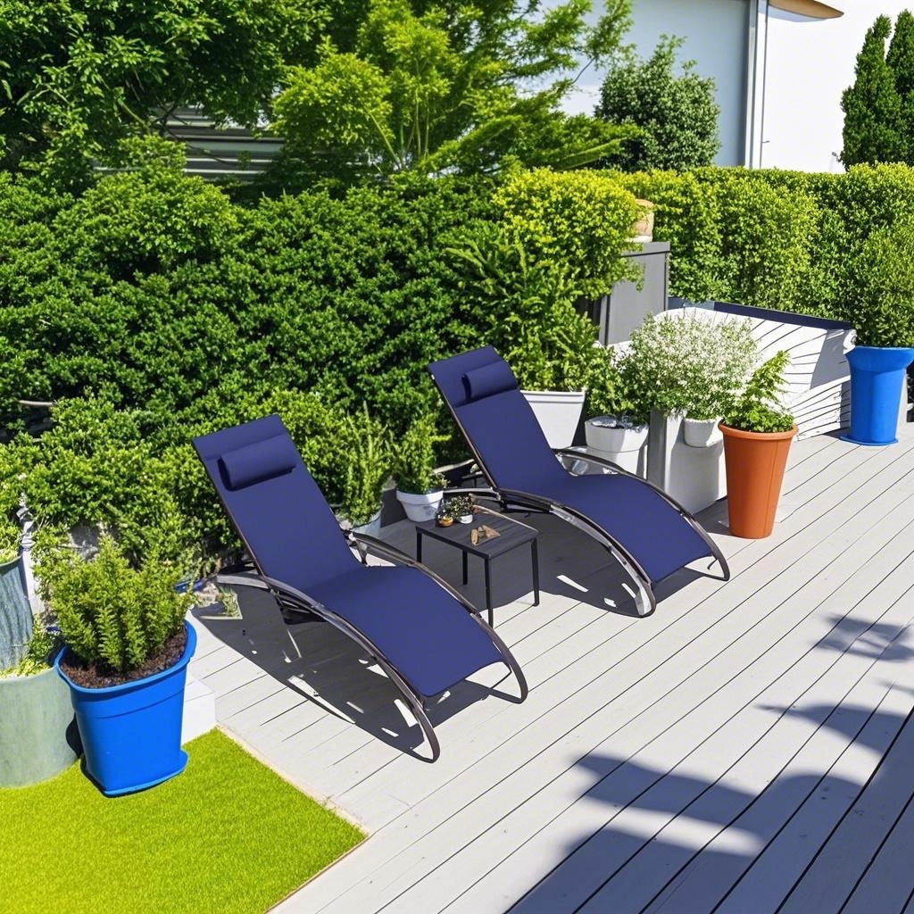 PURPLE LEAF LSMCLS01-RB-1 Streamlined Stackable Adjustable Chaise lounge With Table Set of 2 Stackable Standard Aluminum Frame Stationary Chaise Lounge Chair with Navy Mesh Seat