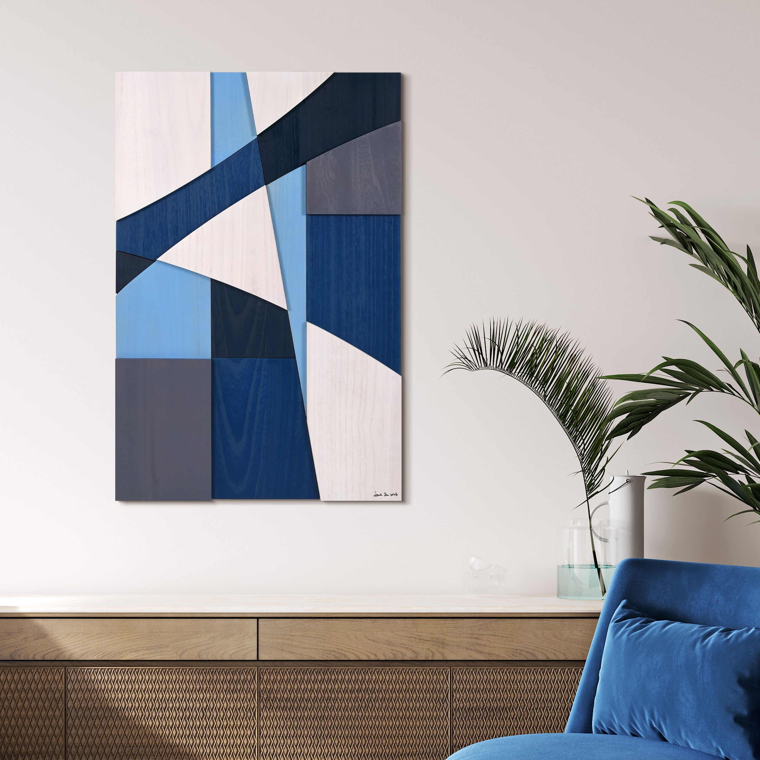 36 in. x 24 in. Blue and Gray Abstract Wood Wall Art