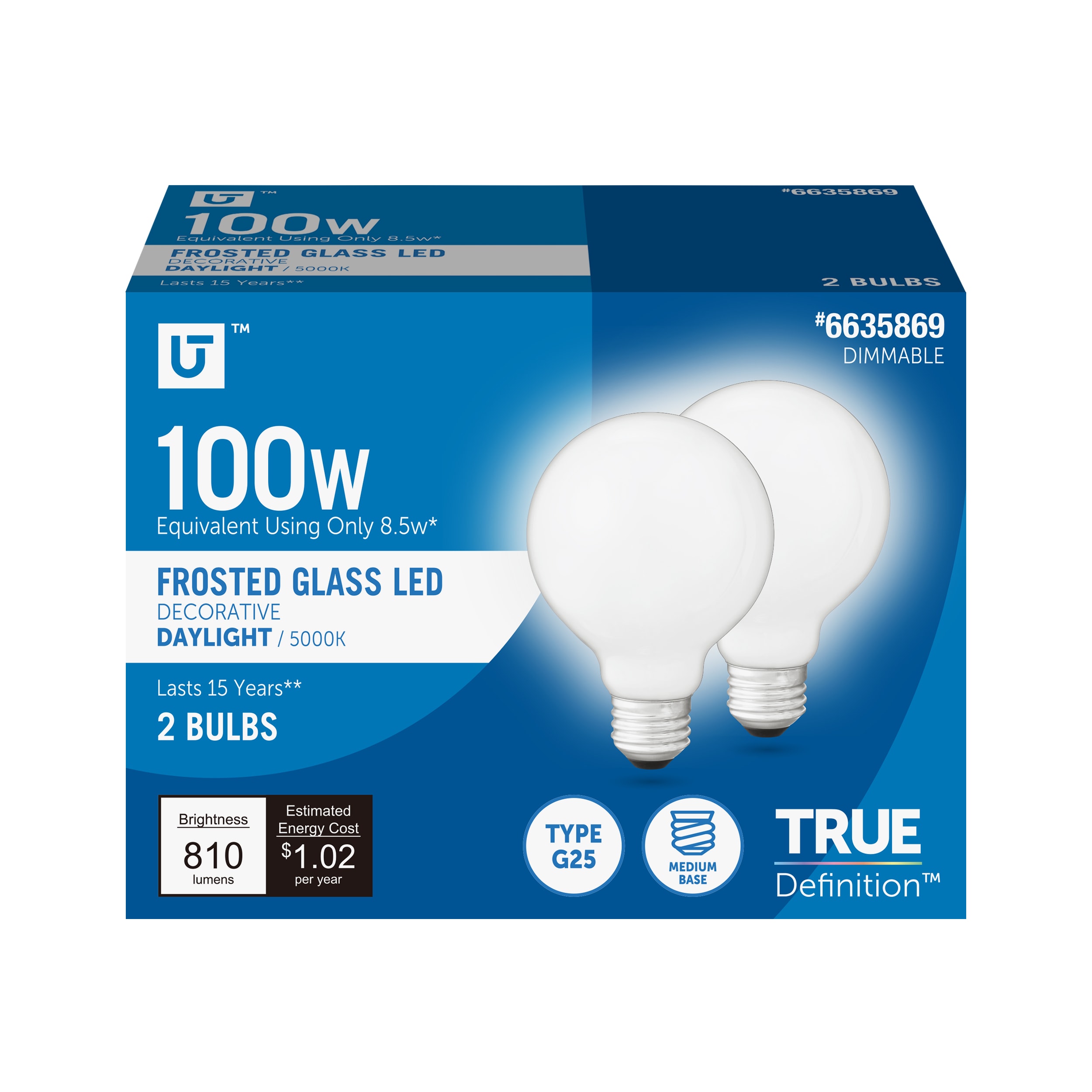 Utilitech G25DG8.5WFR50K2PK Led light bulb 100 -Watt EQ G25 Daylight Screw bases Dimmable LED Decorative Light Bulb 2 -Pack