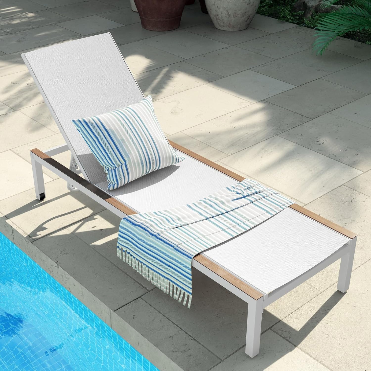 Mondawe MO7650260000001 Patio Chairs White Polyester Frame Stationary Chaise Lounge Chair with White Polyester Solid Seat