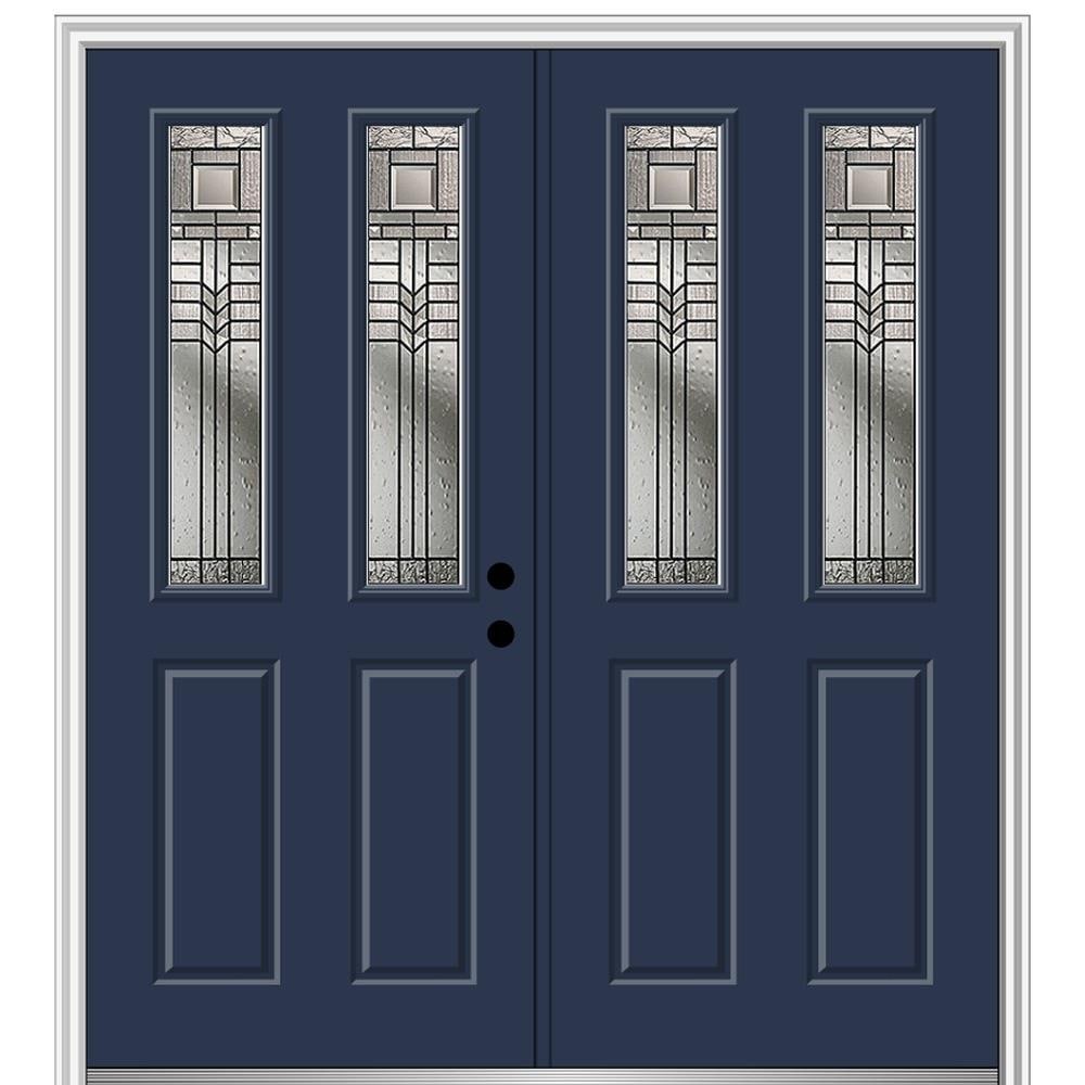 MMI DOOR ZZ3665288L 72-in x 80-in x 6-9/16-in Fiberglass Twin lite Left-hand inswing Naval Painted Prehung Double Front Door with Brickmould Insulating core