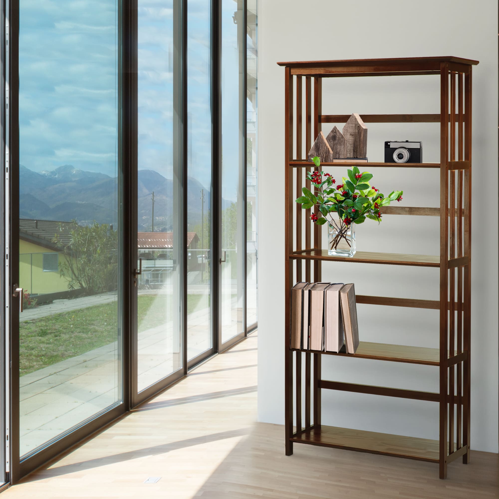 Mission Style Solid Walnut 5-Shelf Bookcase in Dark Stain