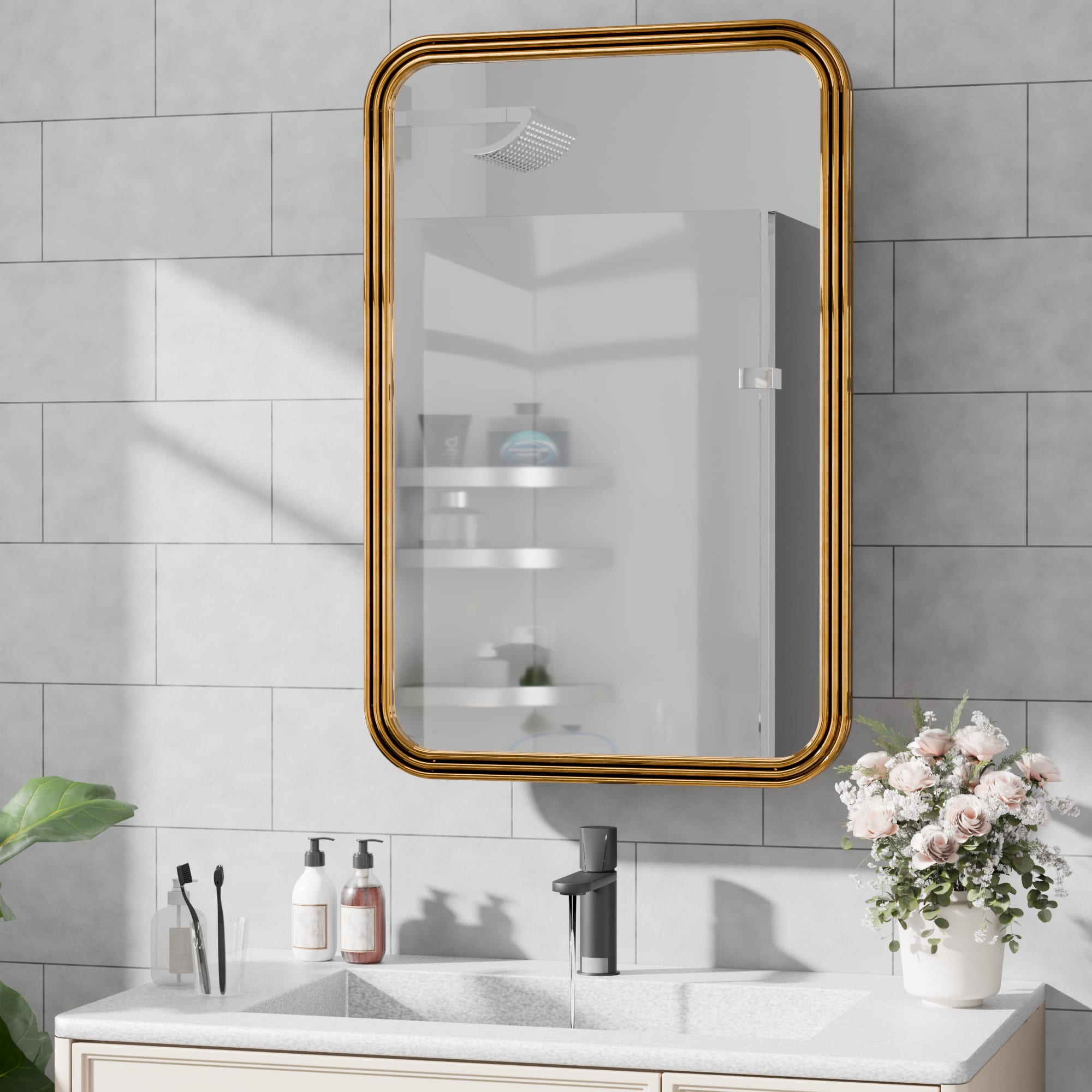 PexFix 24-in W x 36-in H Metal Rectangle Medicine Cabinet with Rounded Corner Bathroom Storage Surface/Recessed Mount Gold