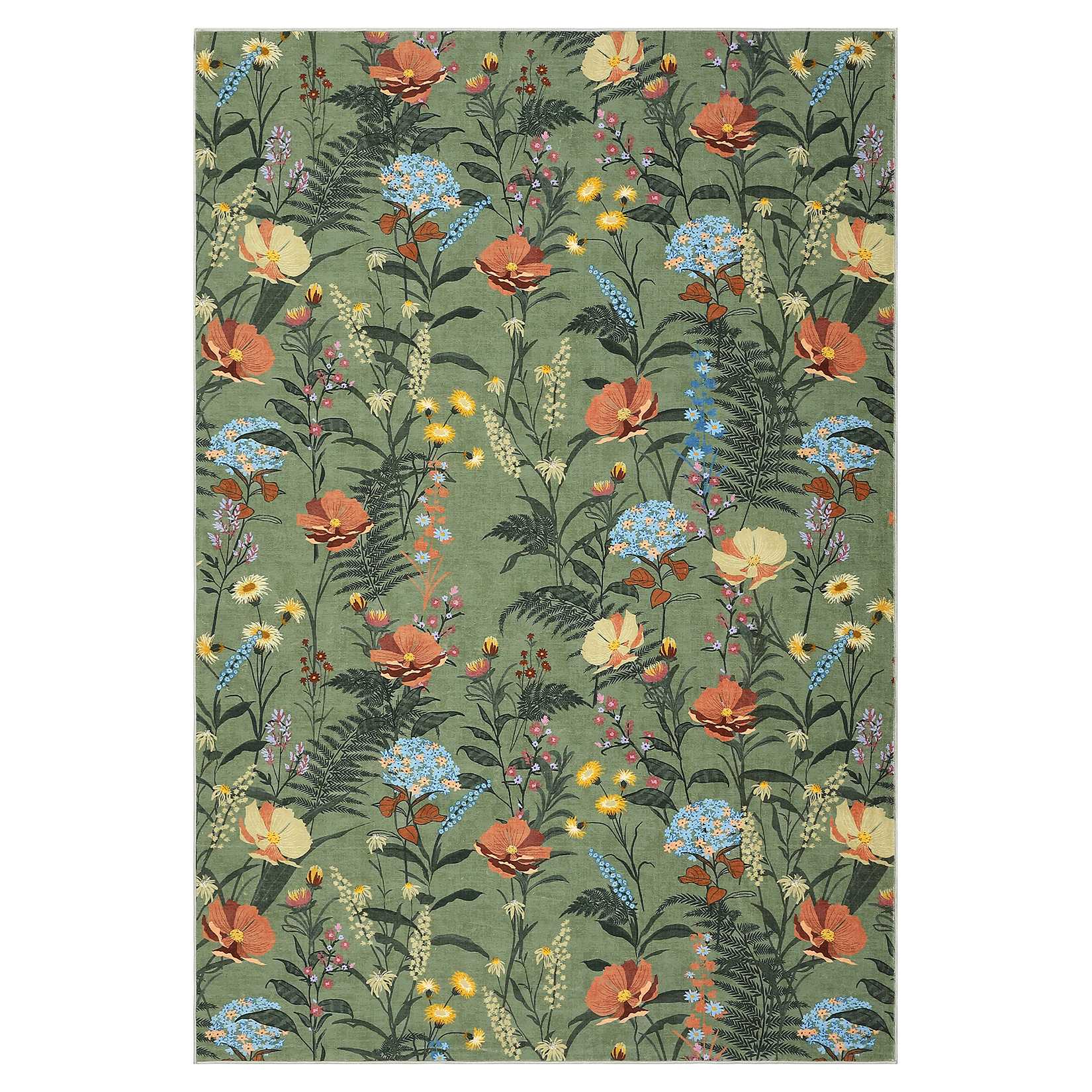 Qeetex LSN-PHK-344FLH9W 10 x 13 ft Pearl Velvet Green Rectangular Hallway Bathroom Entryway Kitchen Office Foldable Flower Printed Modern Washable Area Rug