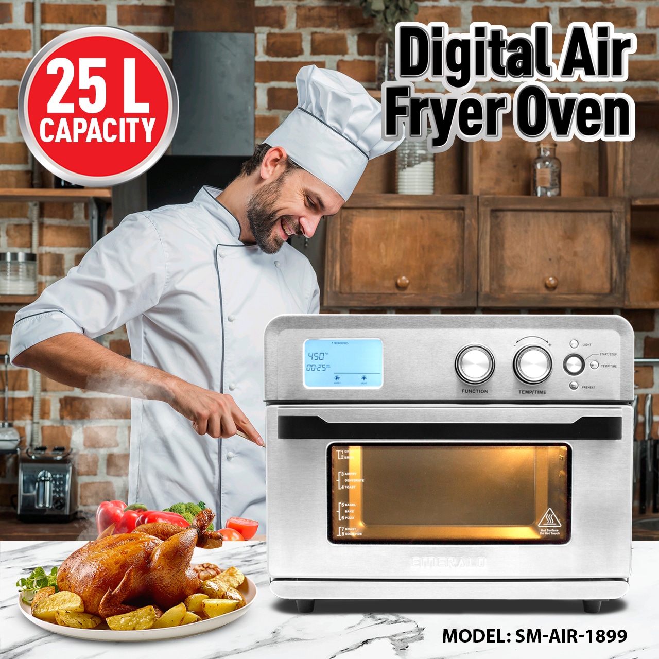 Emerald 26 Quart Silver 1800W Digital Air Fryer, Countertop Oven, Roast,  Bake, Broil, Reheat, Fry Oil-Free 3 Tray Accessories With Large Visible  Window (SM-AIR-1899) 