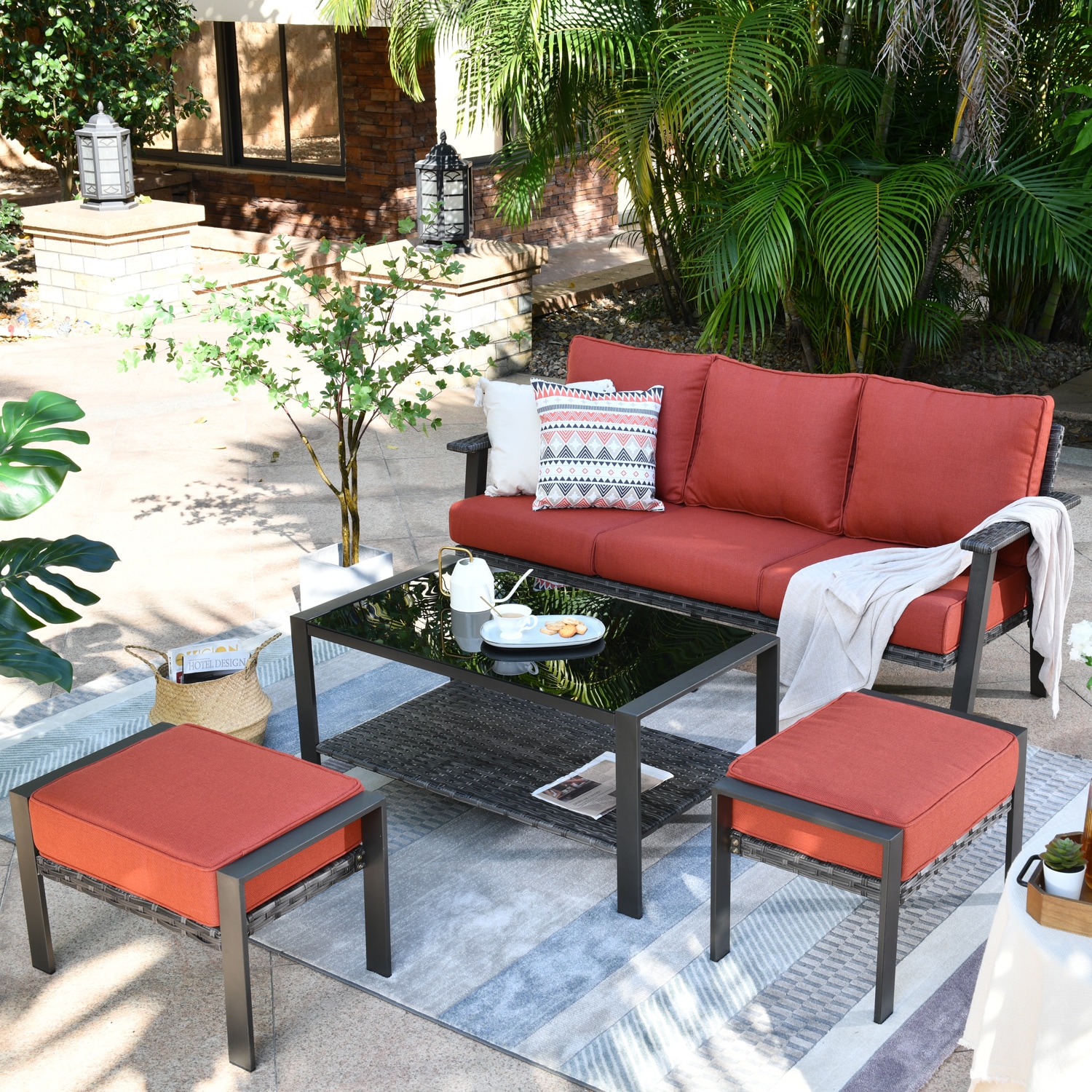 Pouuin SHW80T01A Hw 4-Piece Rattan Patio Conversation Set with Orange Cushions