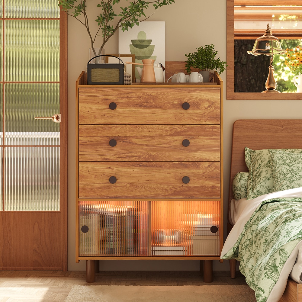 Homsee C-KF520018-01 Entryway Storage Cabinet with 3 Drawers and 2 Sliding Fluted Glass Doors with LED Light Wood Finish Organizer for Hallway or Foyer