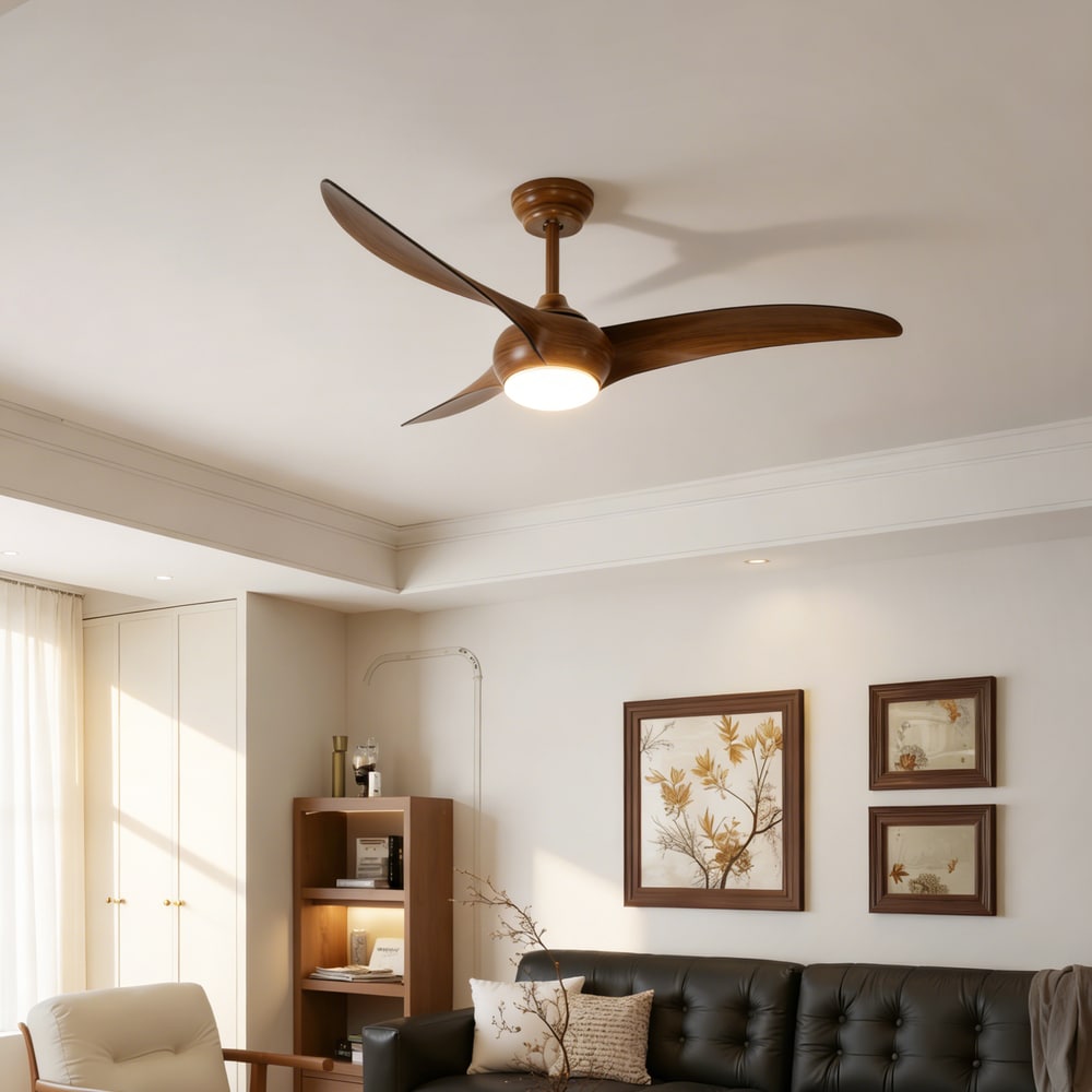 Sofucor 52-in Modern Natural Wood Downrod Ceiling Fan with LED Light and Remote Control Included 3-Blade