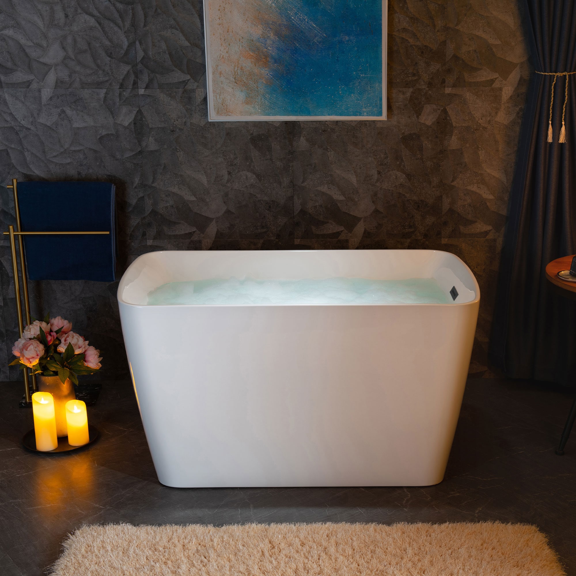 48'' White Acrylic Freestanding Rectangular Bathtub with Chrome Drain