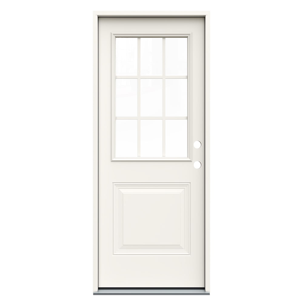 JELD-WEN JWPRO239200199 32-in x 80-in x 4-9/16-in Steel Half lite Left-hand inswing Primed Prehung Front Door Insulating core with Grilles