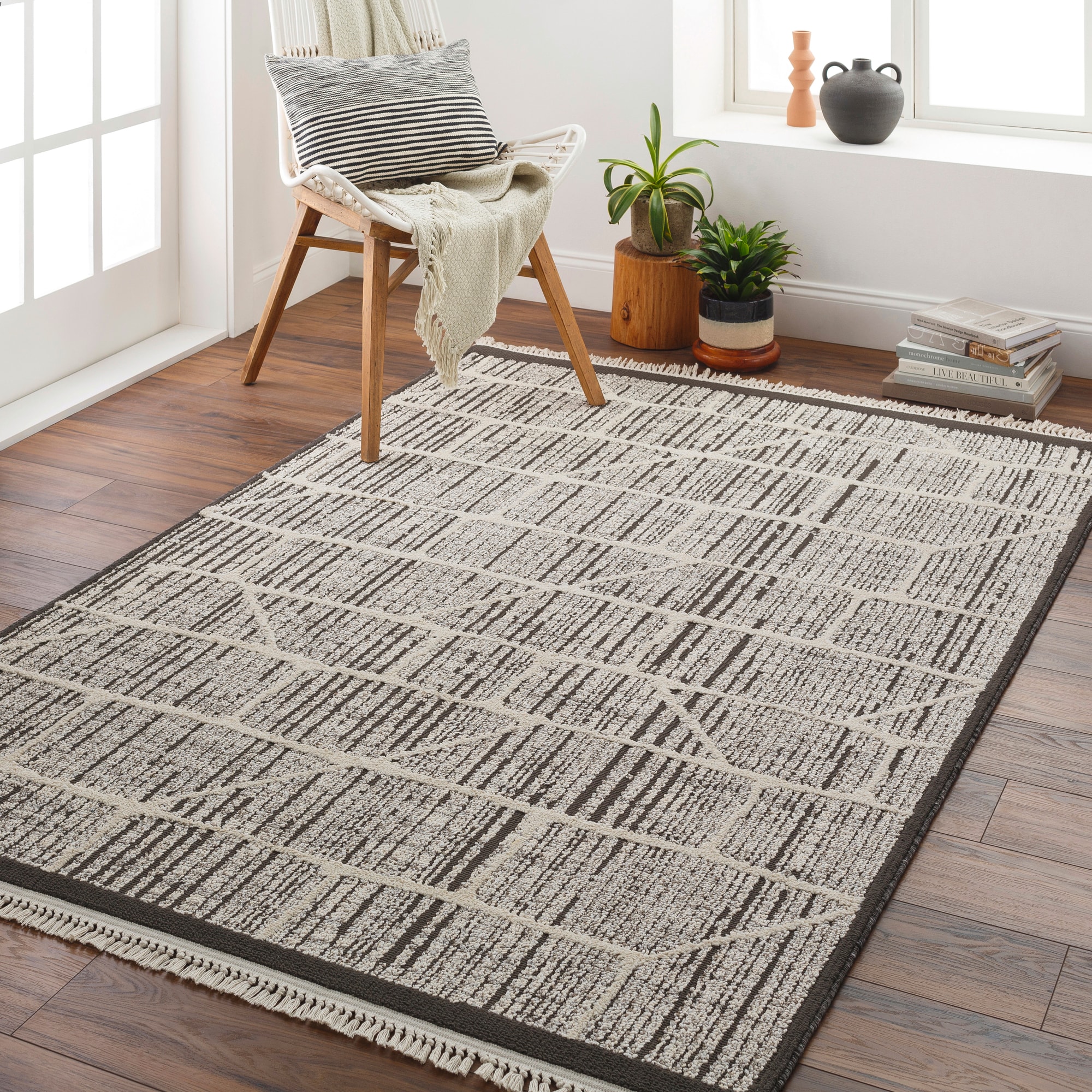 Berlin 31732 Black and Ivory Boho-Industrial Area Rug, 5'2" x 7'