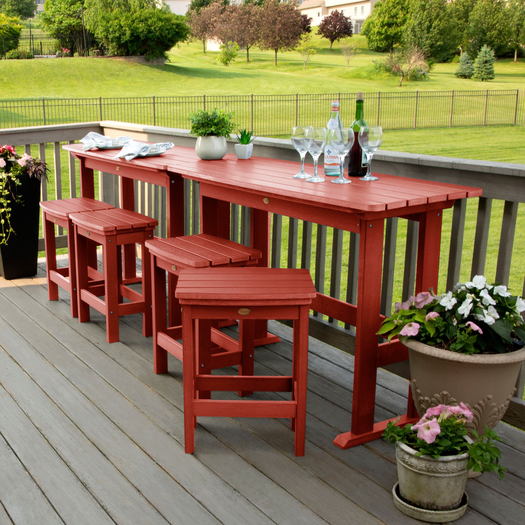 highwood AD-KITBALC101-RED The Lehigh 6 -Piece Rustic Red Bar Height Patio Dining Set Plastic Rectangle Table with 4 Stationary Chairs