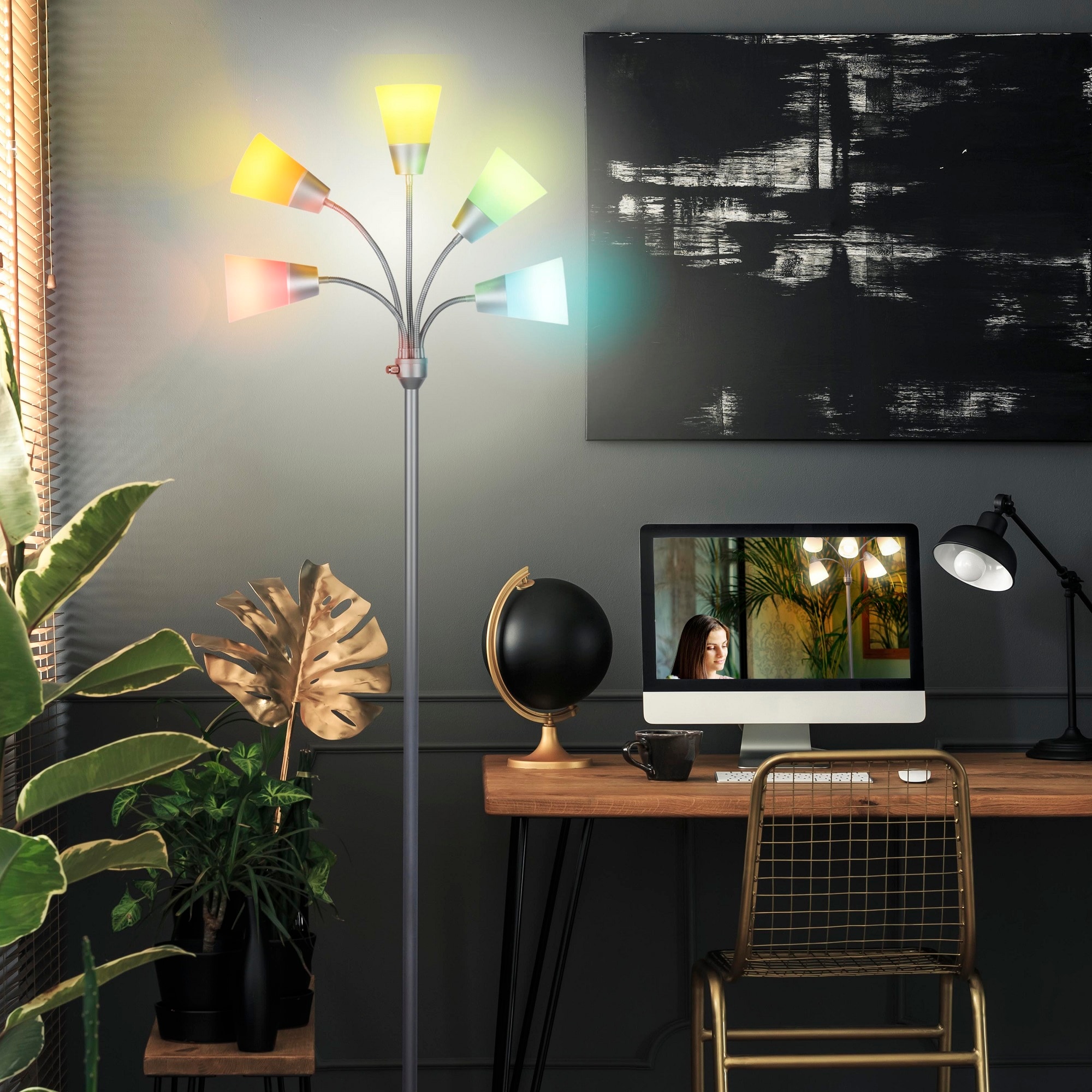 Silver 78" Adjustable 5-Light LED Floor Lamp with White Shades