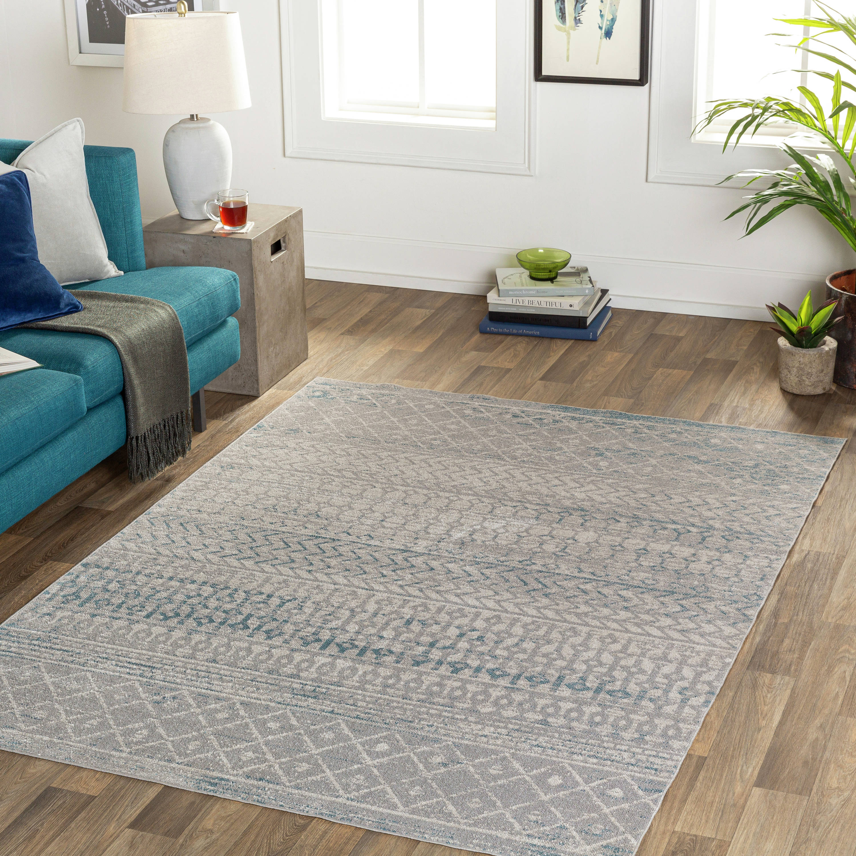 Livabliss LVR2345-679 Lavadora 7 x 9 (ft) Polyester Blue/Grey Rectangular Indoor Tribal Global Machine washable Area rug