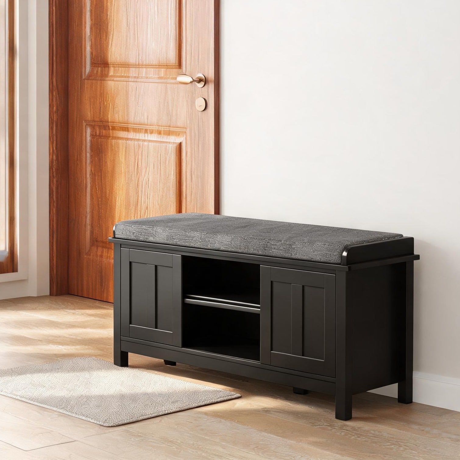 SunJet Two-Seat Shoe Storage Bench with Sliding Doors Sleek Black Linen 44-Inch Entryway Cabinet