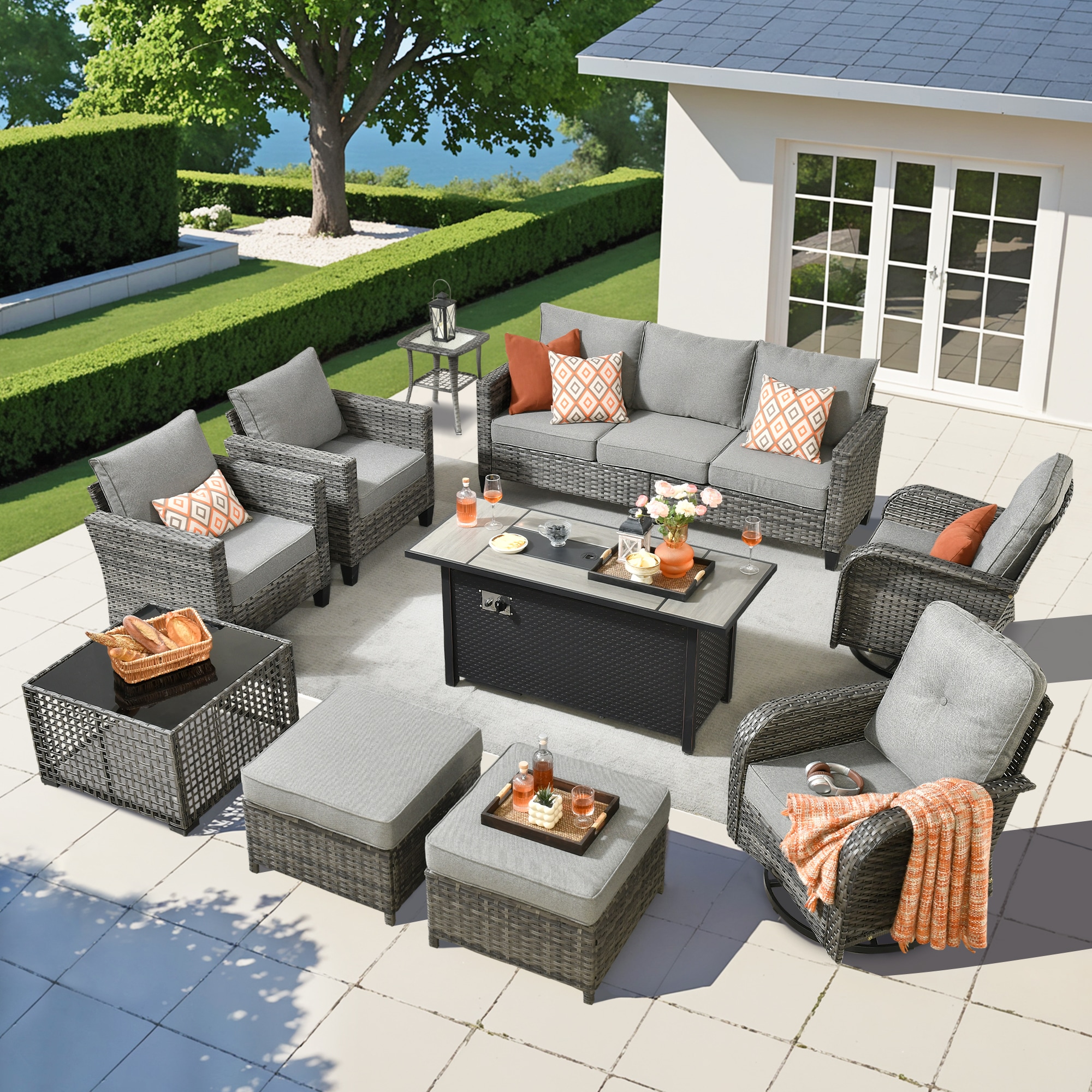 weaxty HMB8503YZNGNCRS29S1 Initial 10 -Piece Wicker Patio Sofa Conversation Set with Gray Cushions