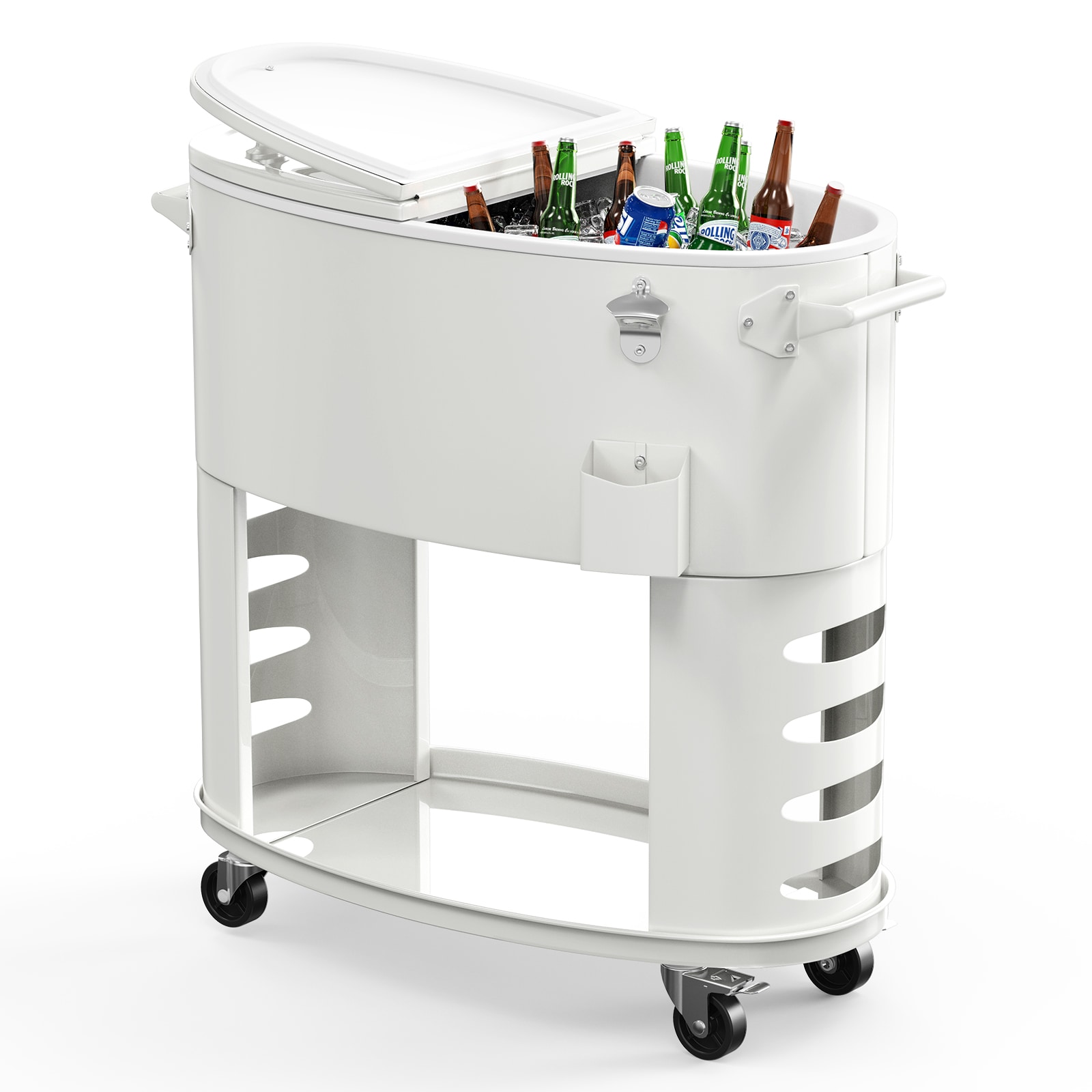 VINGLI 70-QT Patio Cooler with Shelf/Rolling Oval Shape Ice Chest with Bottle Opener/Beverage Pool with Water Pipe for Patio Party White