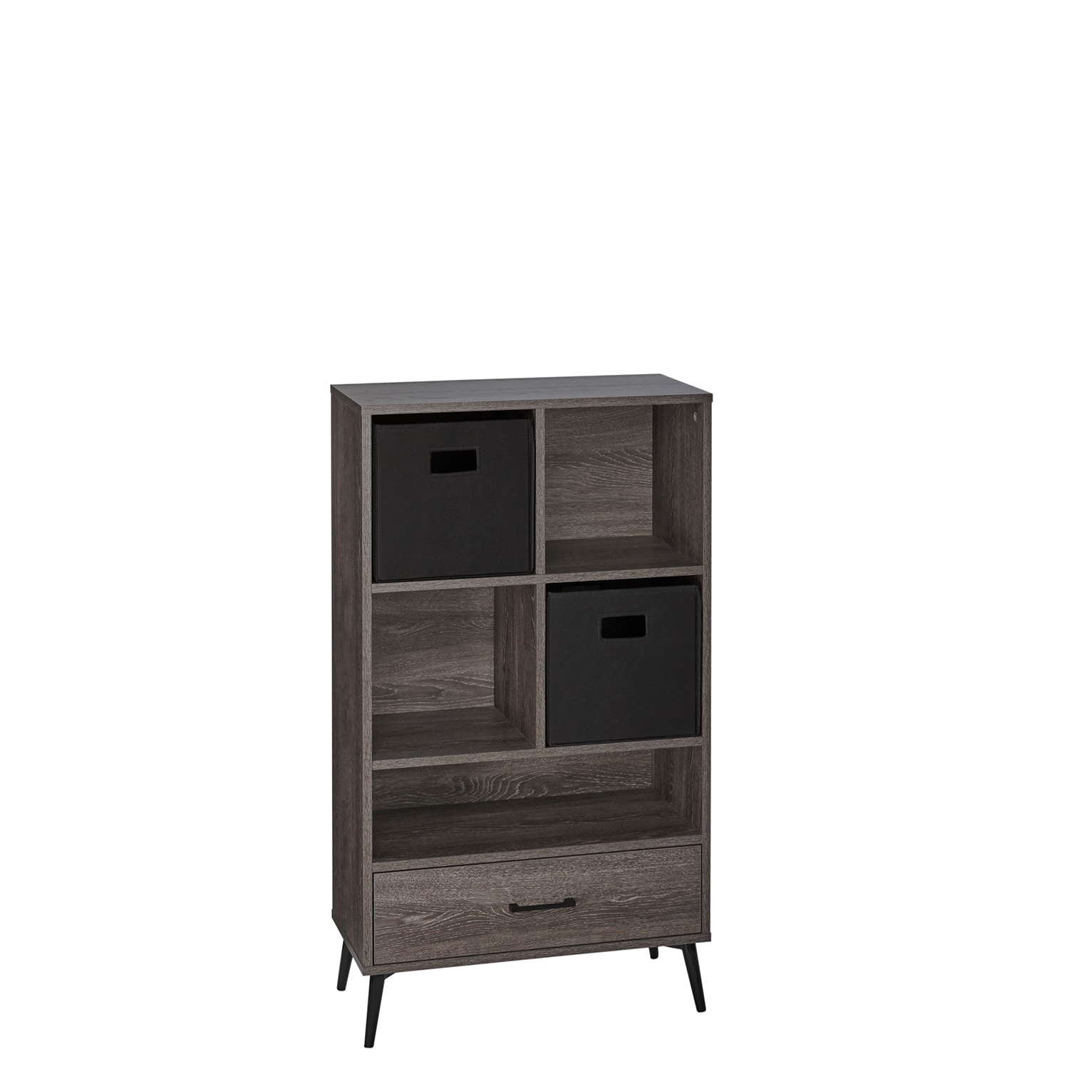 RiverRidge 16-025K Woodbury Storage Cabinet with Cubbies and Drawer Dark Weathered Woodgrain with 2 Pc Black Bins Bookcase (23.5-in W x 41.25-in H x 11.06-in D)