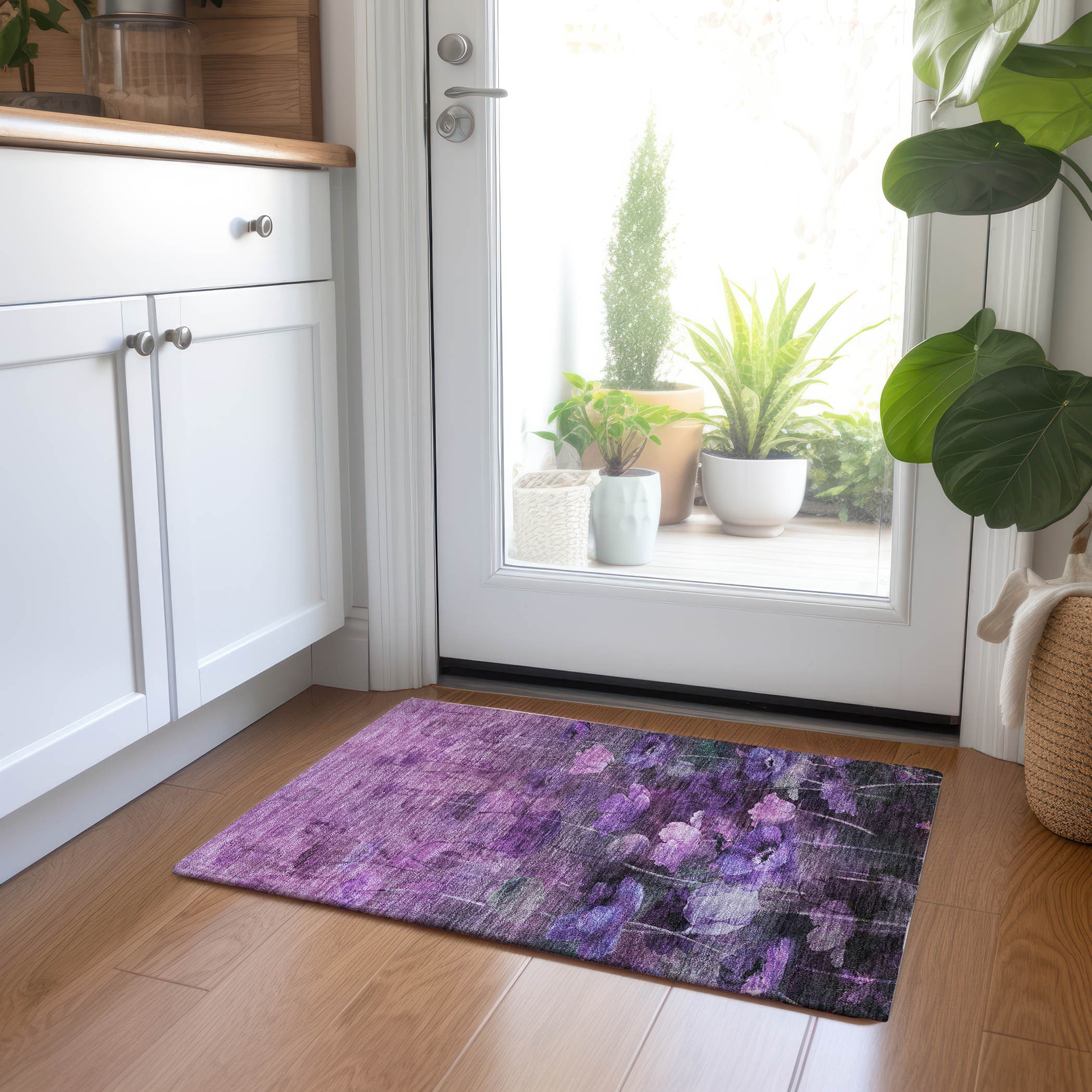 Addison Purple Floral Synthetic Rectangular Washable Area Rug