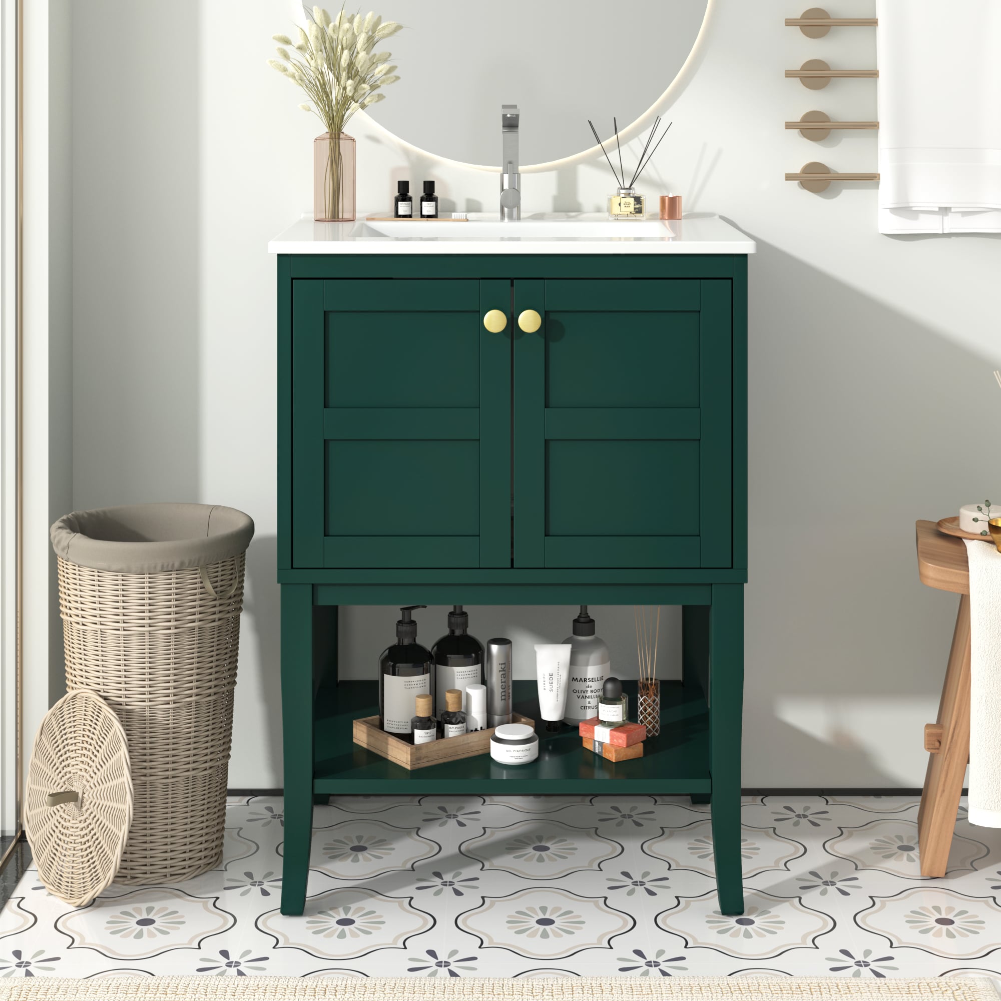 LOVMOR SF-H-WF324870AAF Green and Gold Modern Bathroom Vanity with Ample Storage Durable Eco - Friendly Design