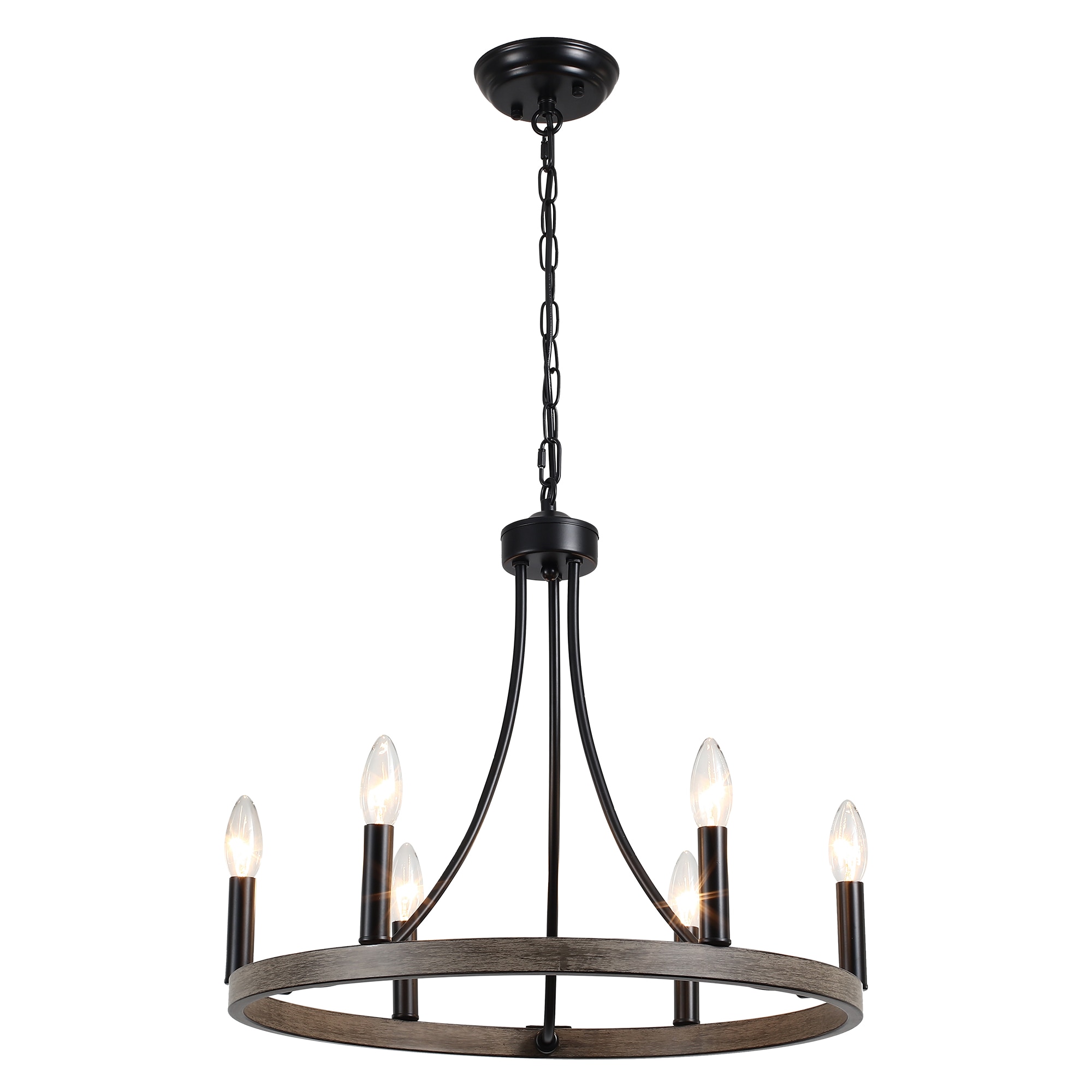 Zjvaive  6-Light 19.69 Inch Black Faux Wood Wagon Wheel Chandelier Adjustable 19.69-78.74 Inch Chain E12 Socket Max 40W Vintage Farmhouse Ceiling Light Bulbs Not Included for Dining Room Living Room Kitchen Island Bedroom