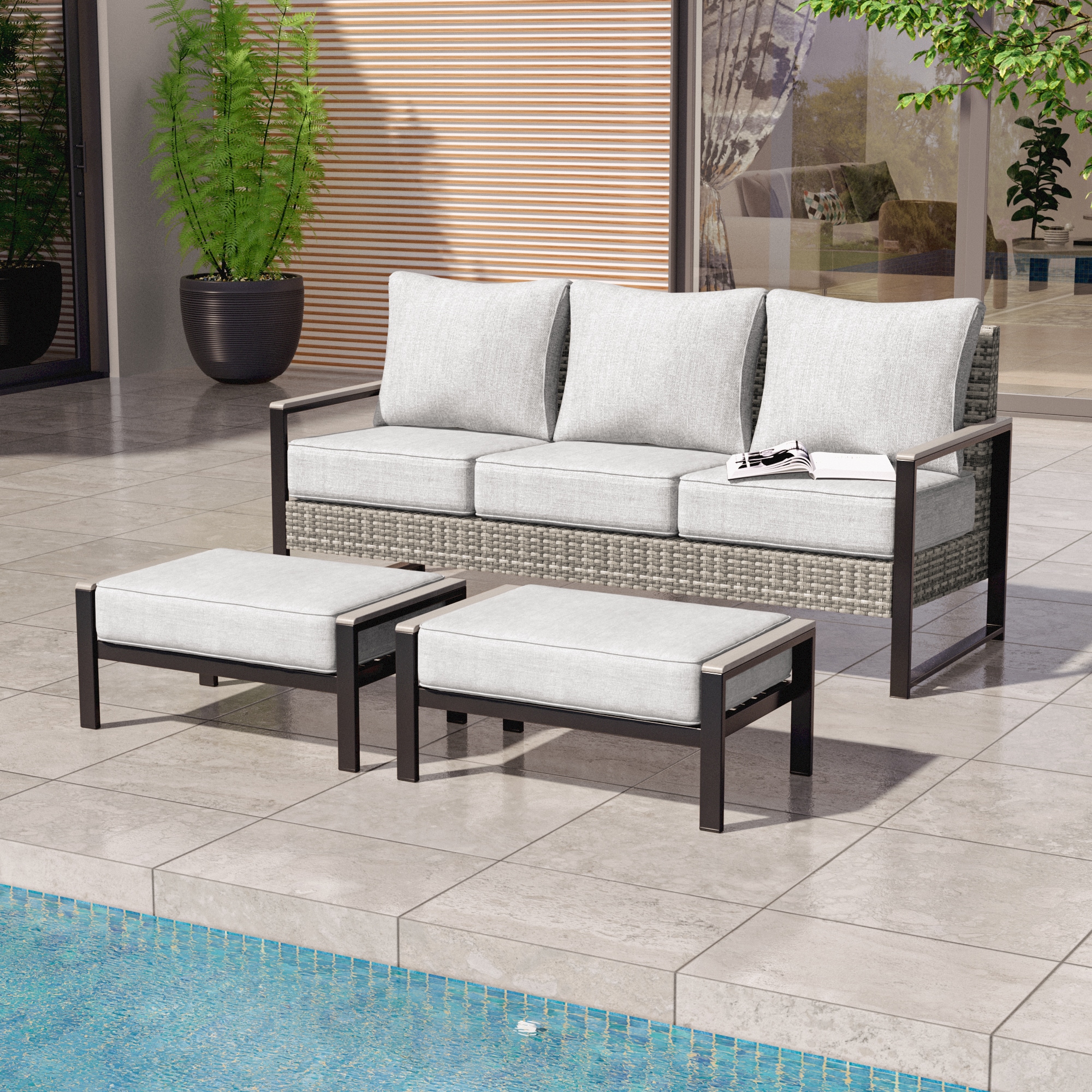 ACEGOSES LW-PS-148S1HLY Skytop 3 -Piece Wicker Patio Sofa Conversation Set with Gray Cushions