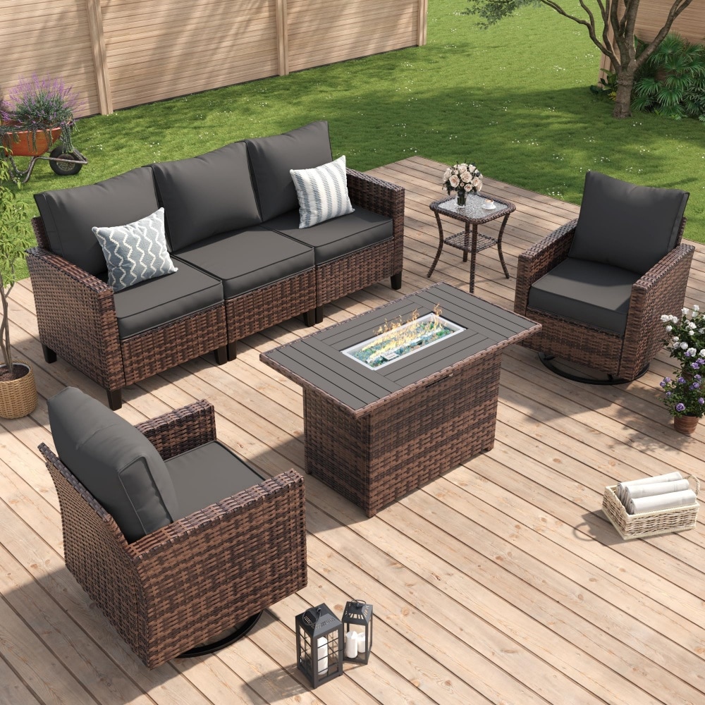 Patio Furniture Set 5-Piece Wicker Outdoor Sectional Sofa with Swivel Rocker Chairs All-Weather Rattan Conversation Set with Fire Pit Table and Waterproof Cover for Backyard