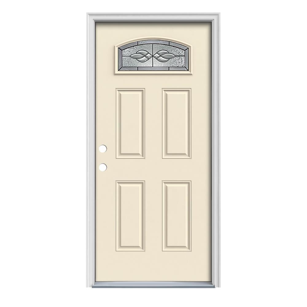 JELD-WEN LOWOLJW167600228 Hampton 32-in x 80-in x 4-9/16-in Steel 1/4 Lite Right-Hand Inswing Bisque Painted Prehung Front Door with Brickmould Insulating Core
