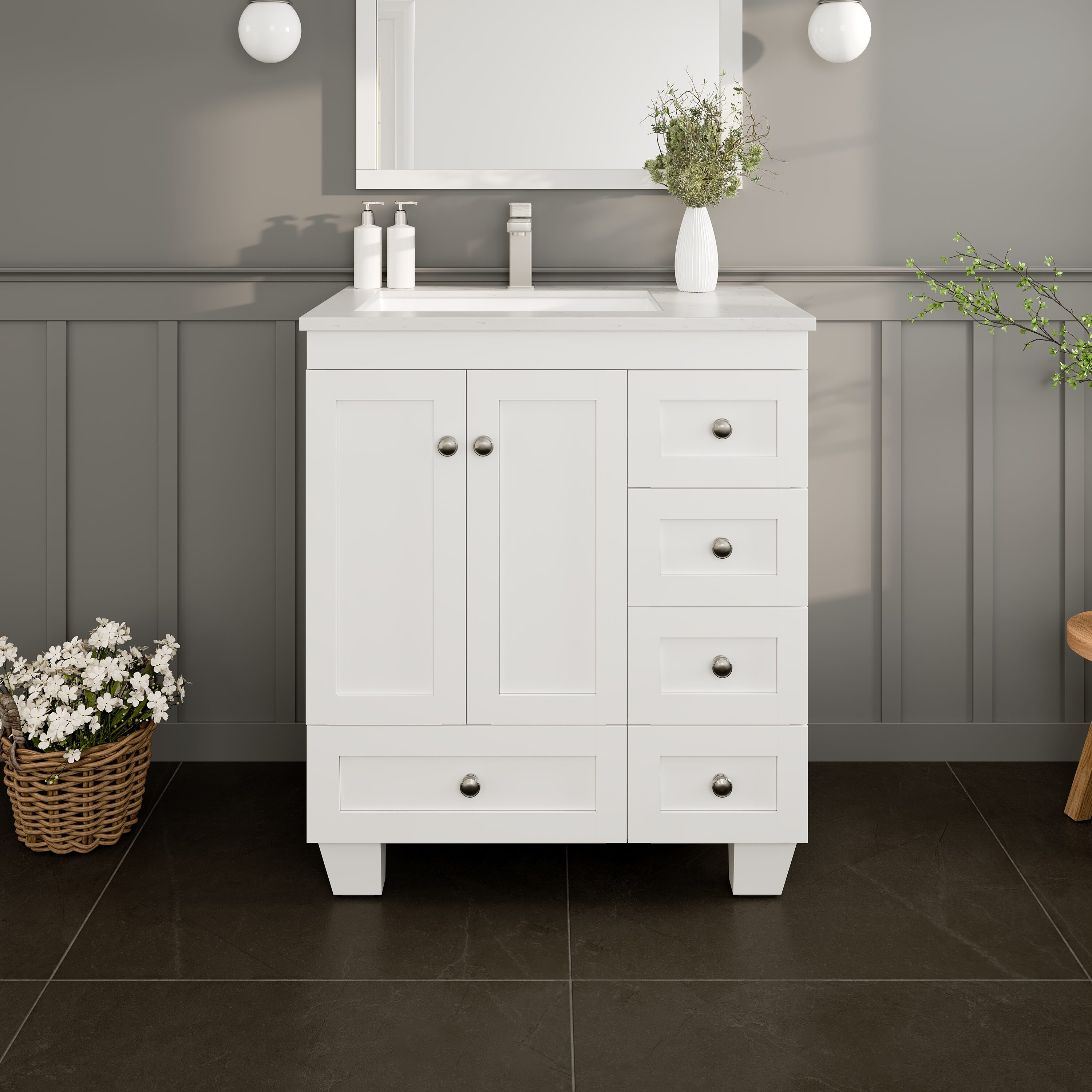 Eviva EVVN30-30X18WH Happy 30-in White Undermount Single sink Bathroom Vanity with White Quartz Top