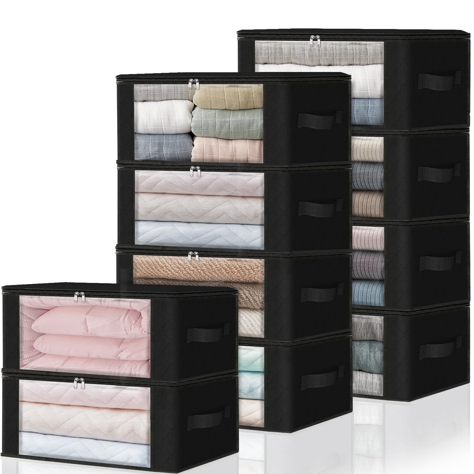 LAIFUCAM  Storage Bin 10 Pack Clothes Organizer Foldable Storage Box with Large Clear Window Sturdy Handles for Closet Dorm Bedding Pillows