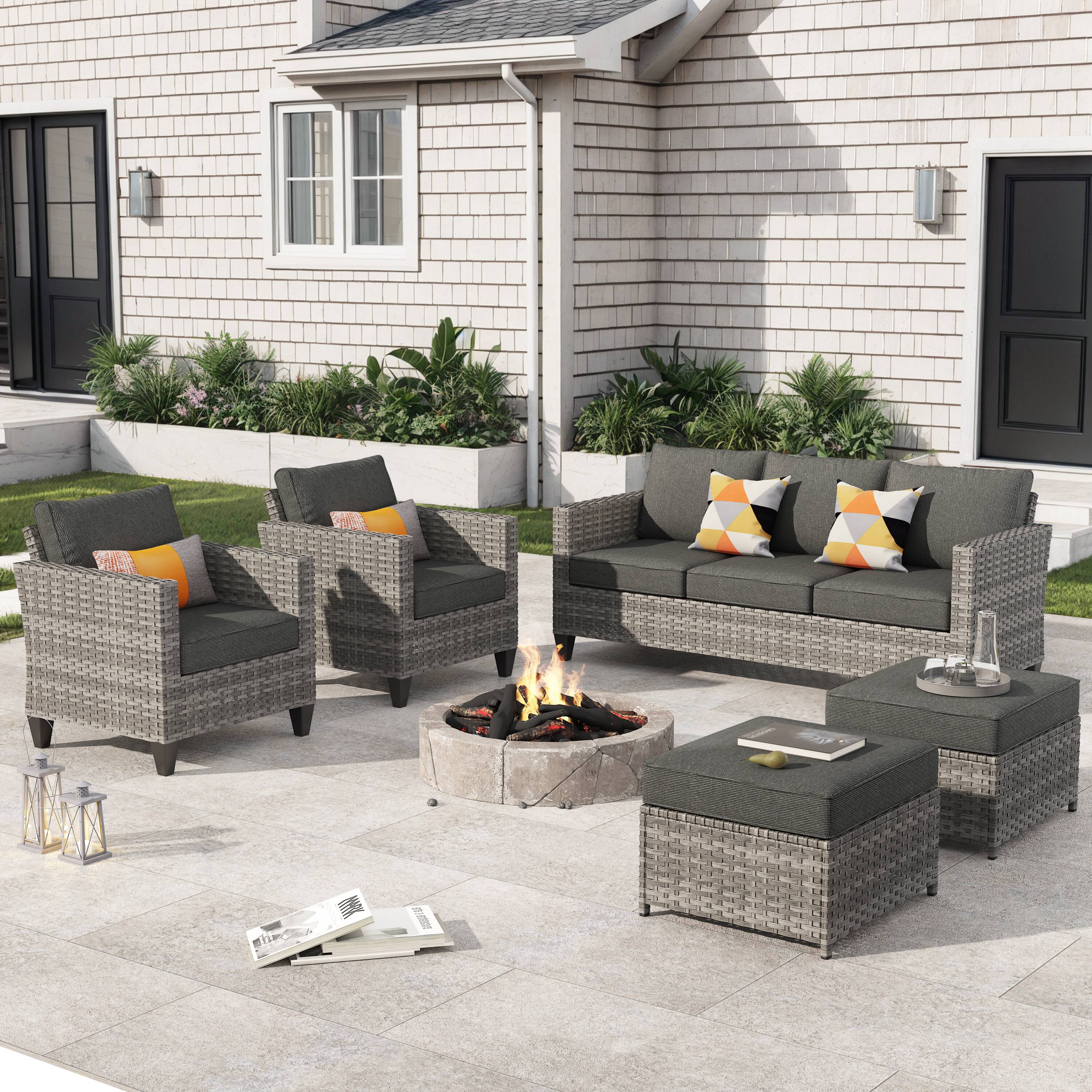 Pouuin SGR105 5 -Piece Wicker Patio Sofa Conversation Set with Black Cushions