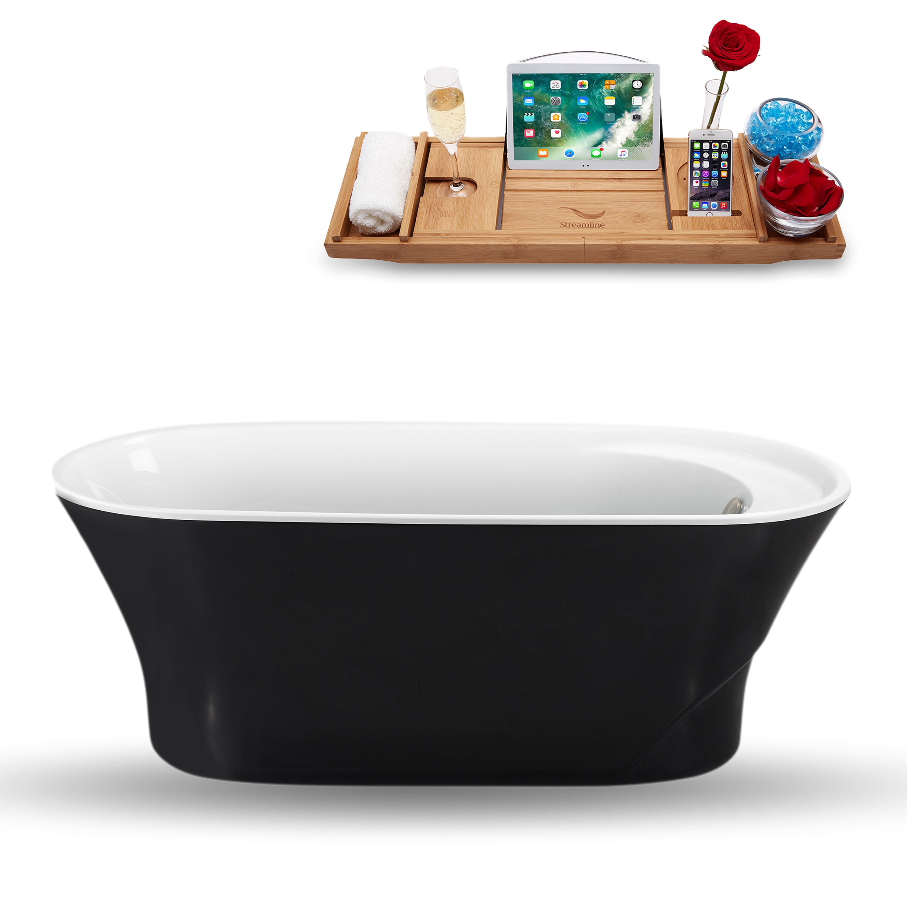 Streamline N1161BNK 28.3-in x 59.1-in Glossy Black Acrylic Oval Freestanding Soaking Bathtub with Drain (Reversible Drain)