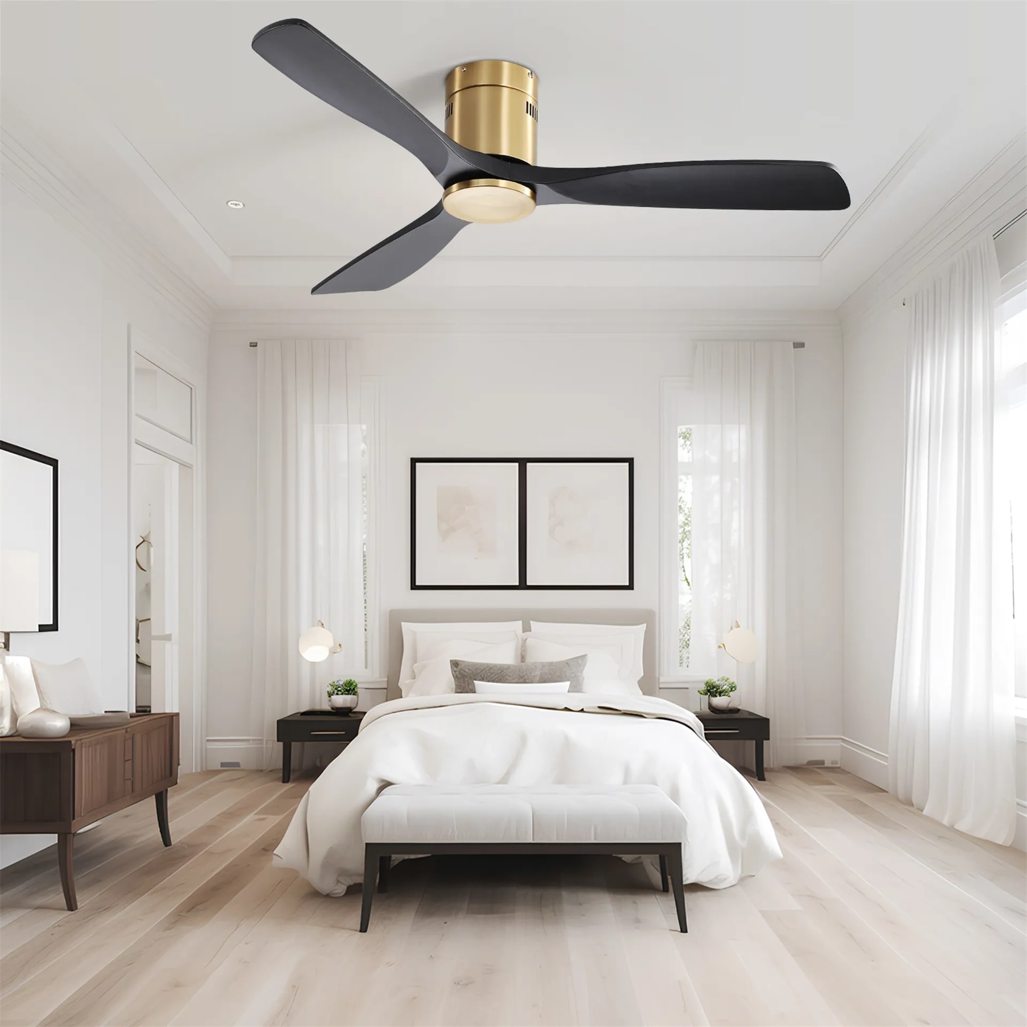 BABOOM BOM-P242599-OR 52-in Flush Mount Gold with Ceiling Fan Without Light - Remote Included ( 3 -Blade )