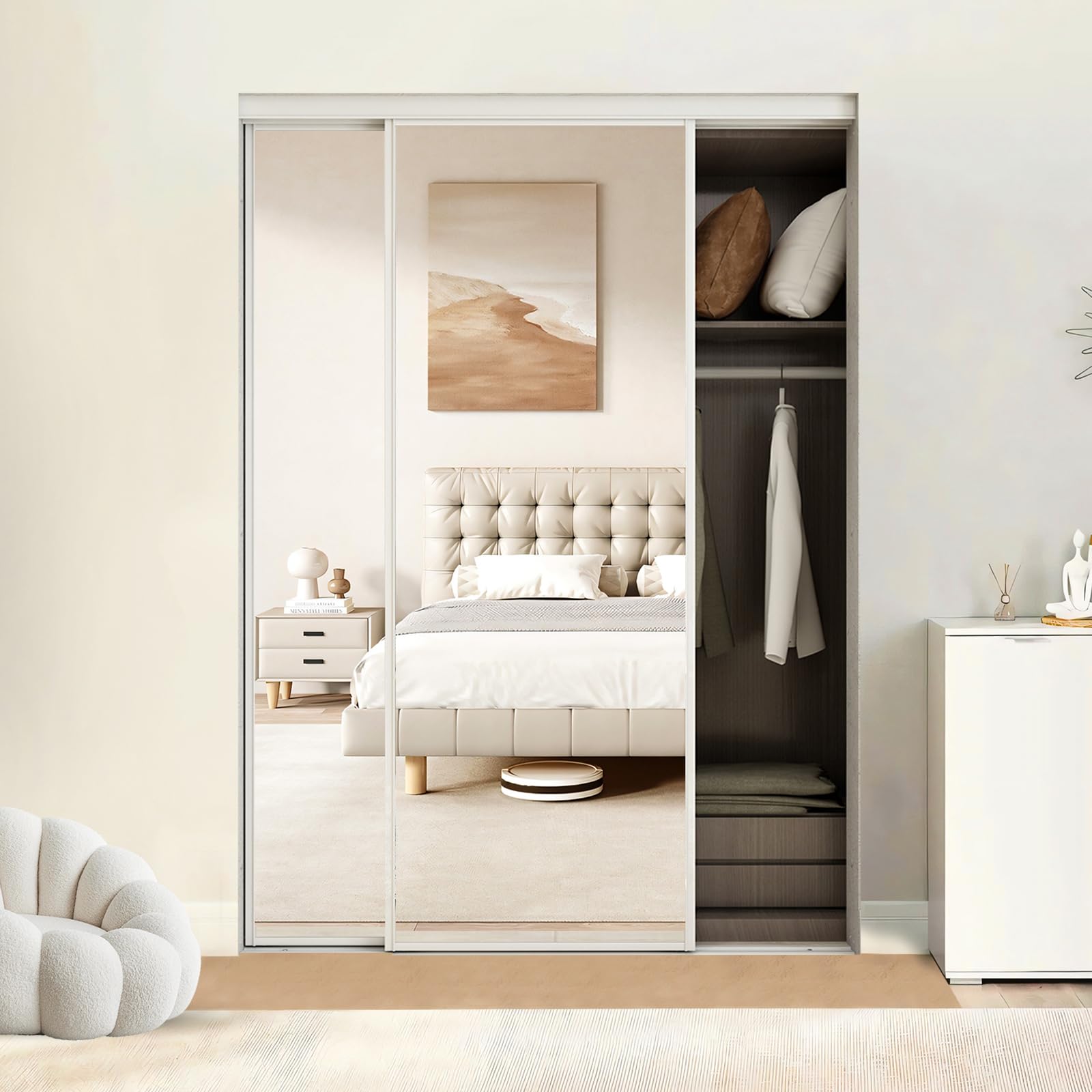Adrinfly  60 x 80 Inches Mirrored Closet Door One Side Mirror with Top and Bottom Track Kits 2 Panels Steel Frame Sliding Mirror Closet Door Easy