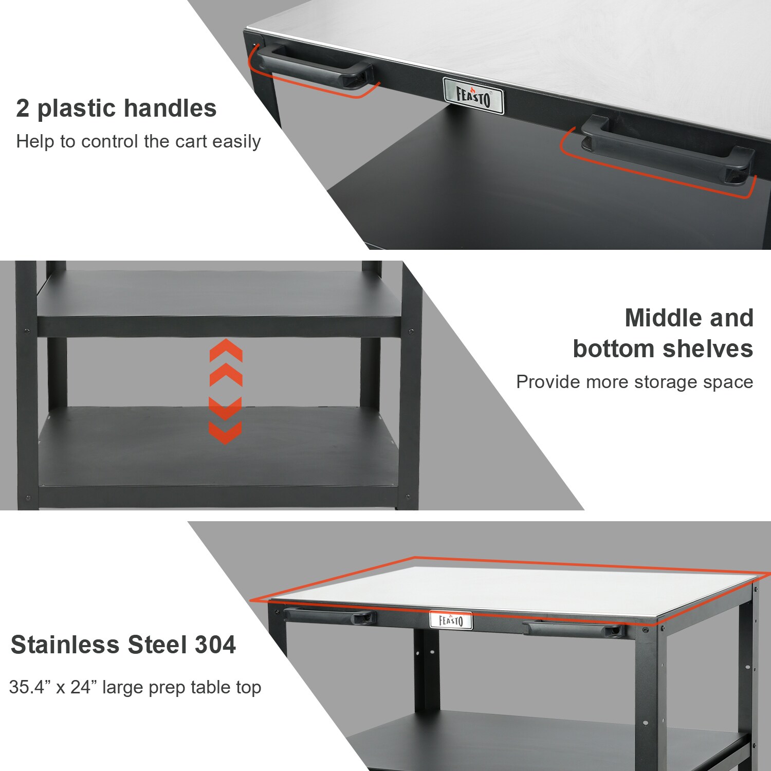 Feasto 3-Shelf Black and Stainless Steel Outdoor Kitchen Cart