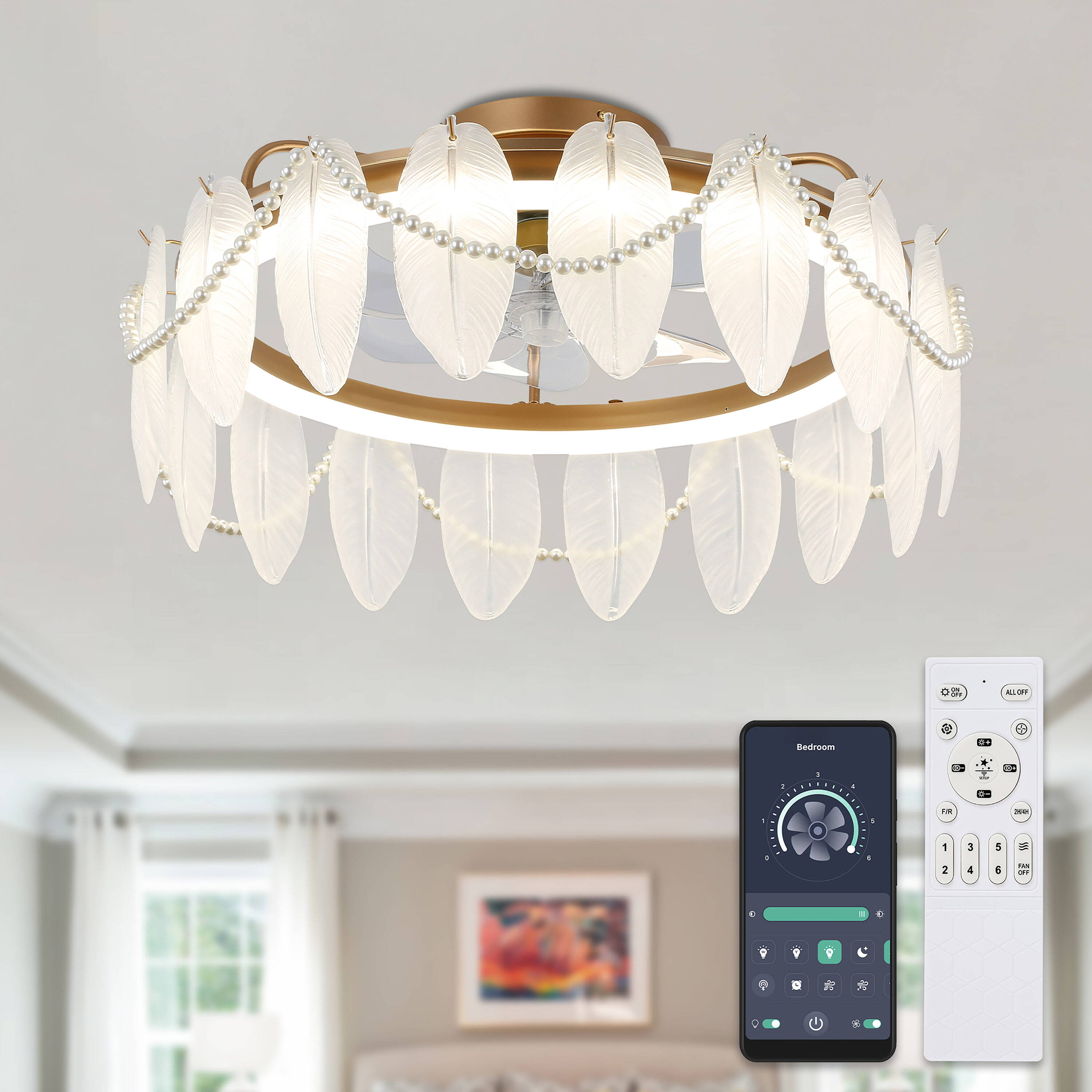 Oaks Decor OK2024 BELFORD 20-in Color-Changing Integrated LED Flush Mount Smart Gold with Fandelier Ceiling Fan With Light - Remote Included ( 7 -Blade )