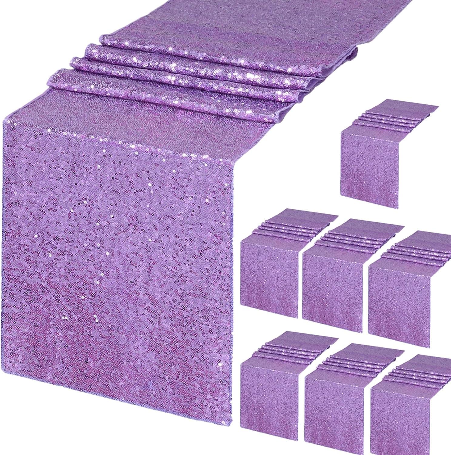 B-Cool B0D631DTYQ Party Table Runners Sequin Fabric 8 Pack 12x72 Inch Lavender Party Runner for Tables Wedding Decor Christmas Holiday Reception Birthday Decorations