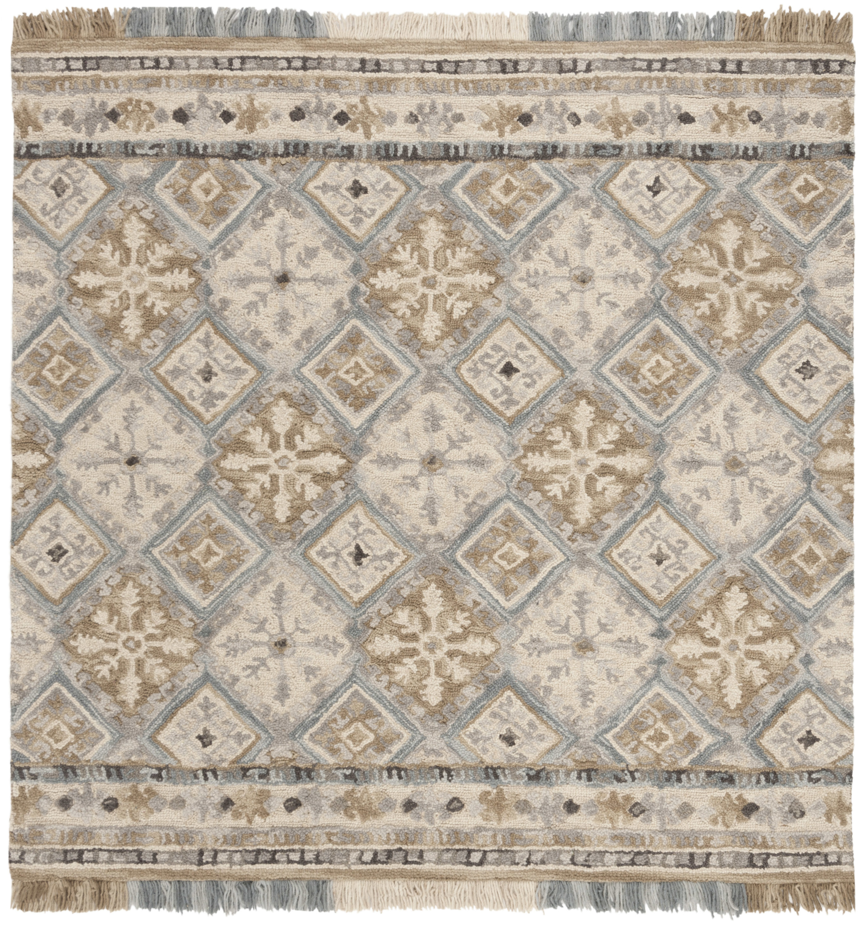 Handmade Light Blue Floral Square Wool & Cotton Rug 6'x6'