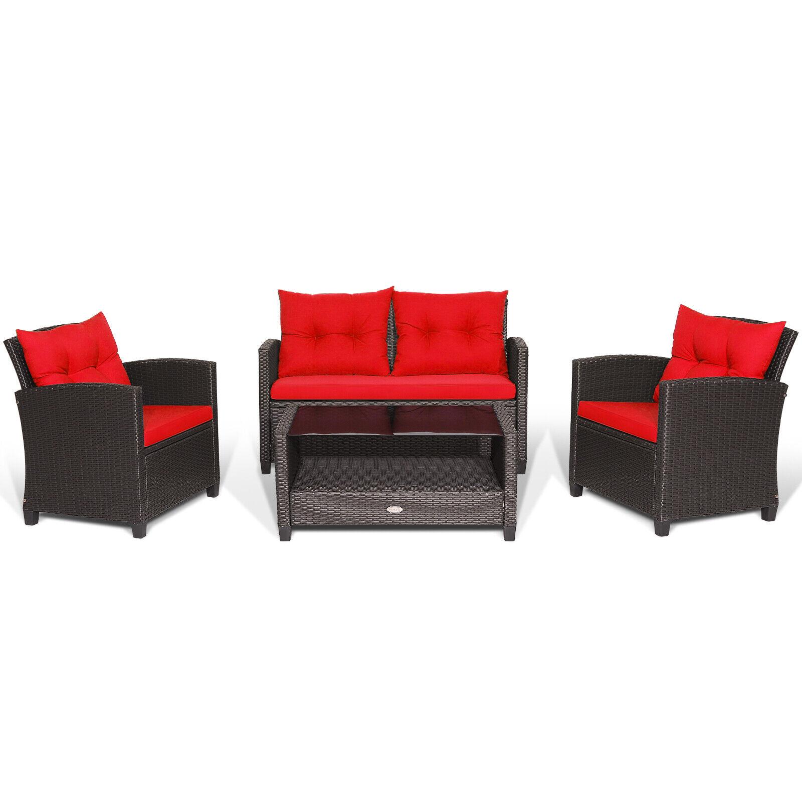 Clihome CL-RE+-66742 4 -Piece Rattan Patio Sofa Conversation Set with Red Polyester Cushions