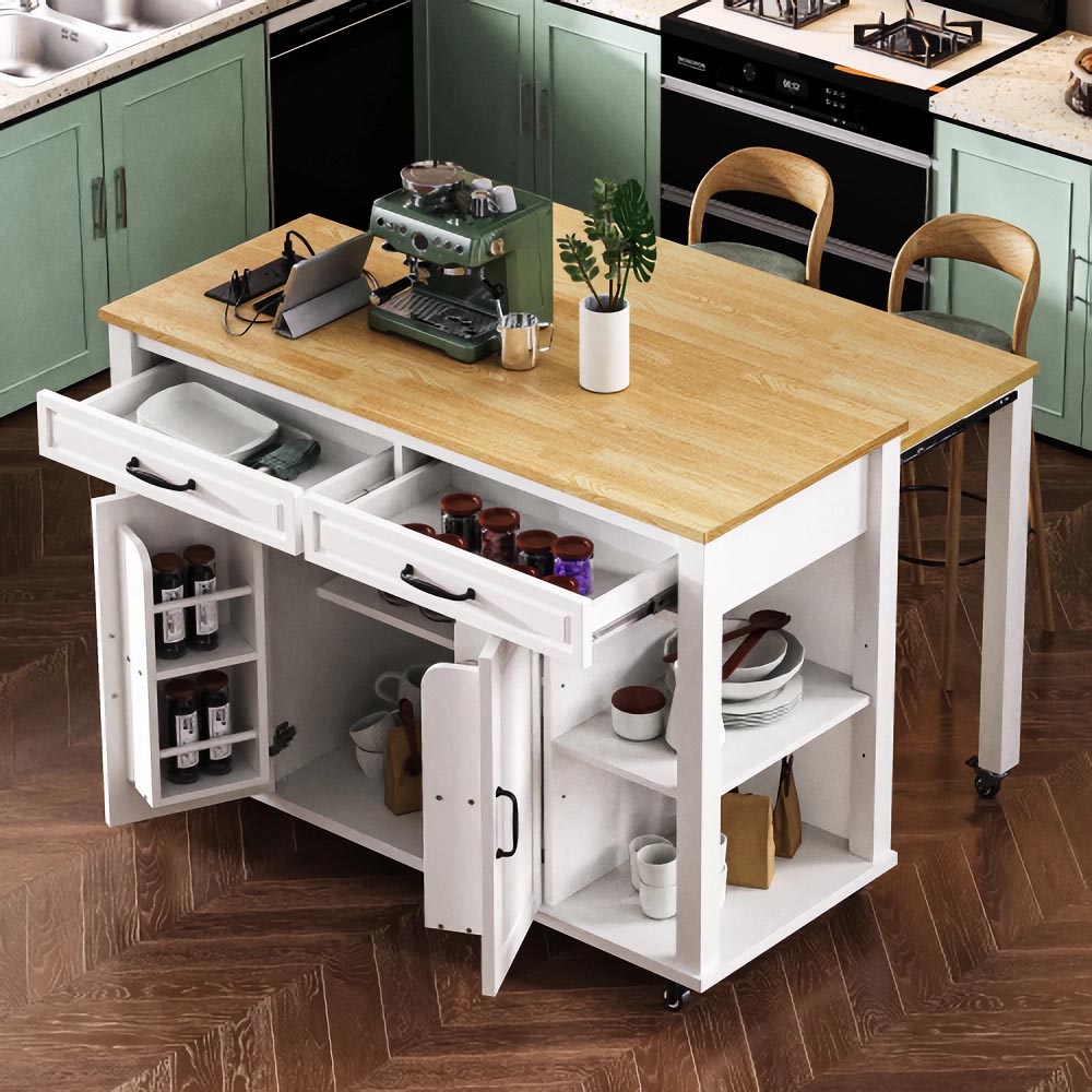 Rbied 65CABINET-18 White MDF Base with Wood Wood Top Rolling Kitchen Island ( 33.5 x 47.2 x 36.75 )