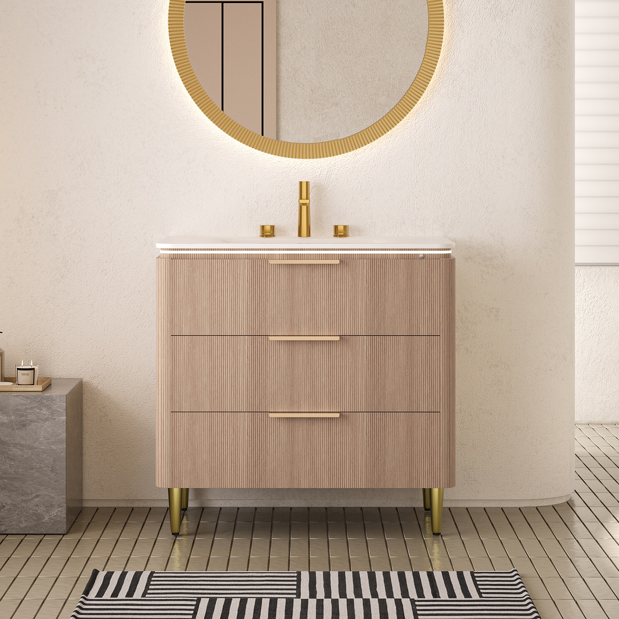 Eleshine 36-in Light Oak Bathroom Vanity with Carrara White Sintered Stone Sink  Curved Edges and Fluted Design(Pre-assembled)